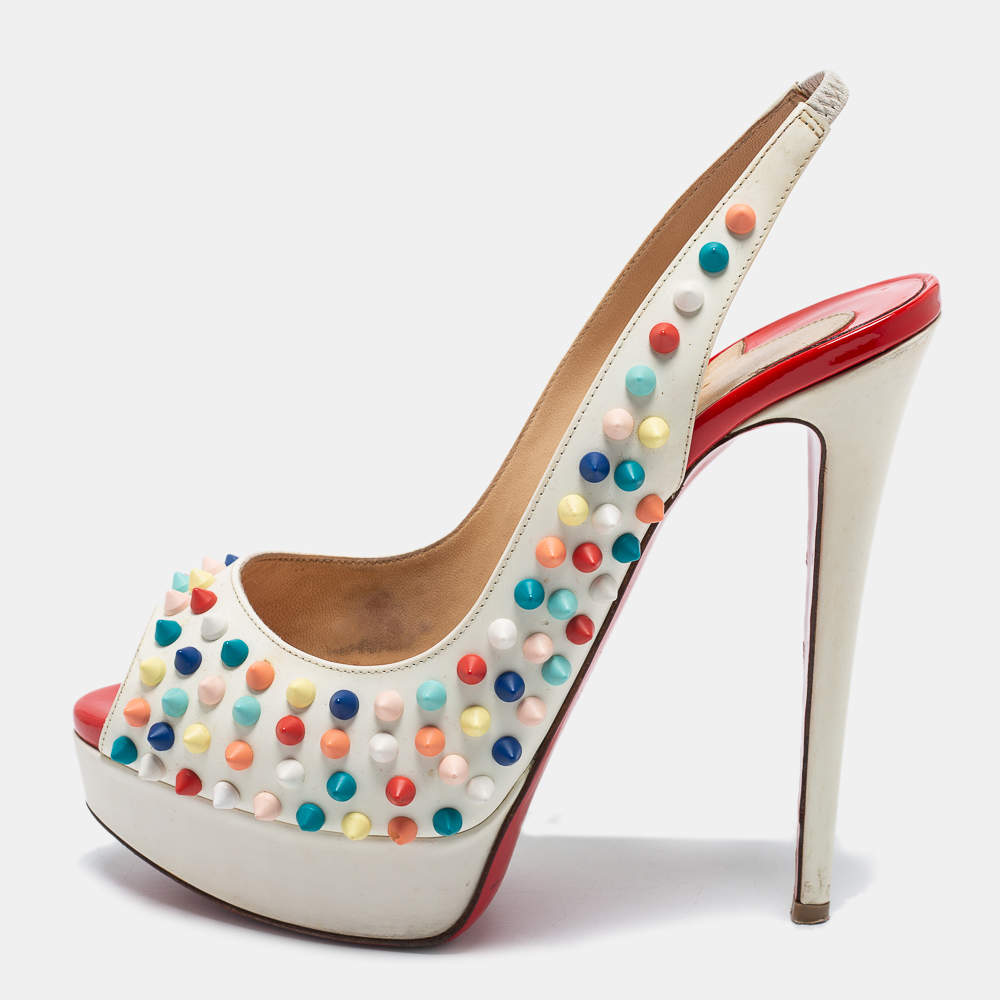 Christian Louboutin Off-White Leather Lady Peep Toe Spikes Slingback Pumps  Size 38 Christian Louboutin | TLC