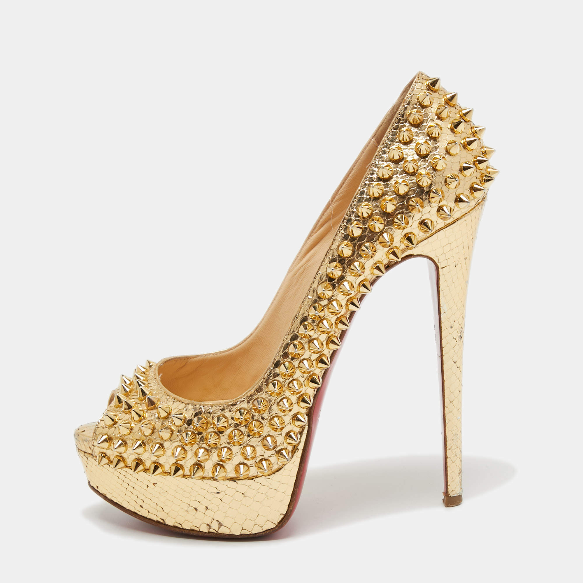 Christian Louboutin Gold Python Leather Lady Peep Toe Spikes Platform Pumps Size 36.5