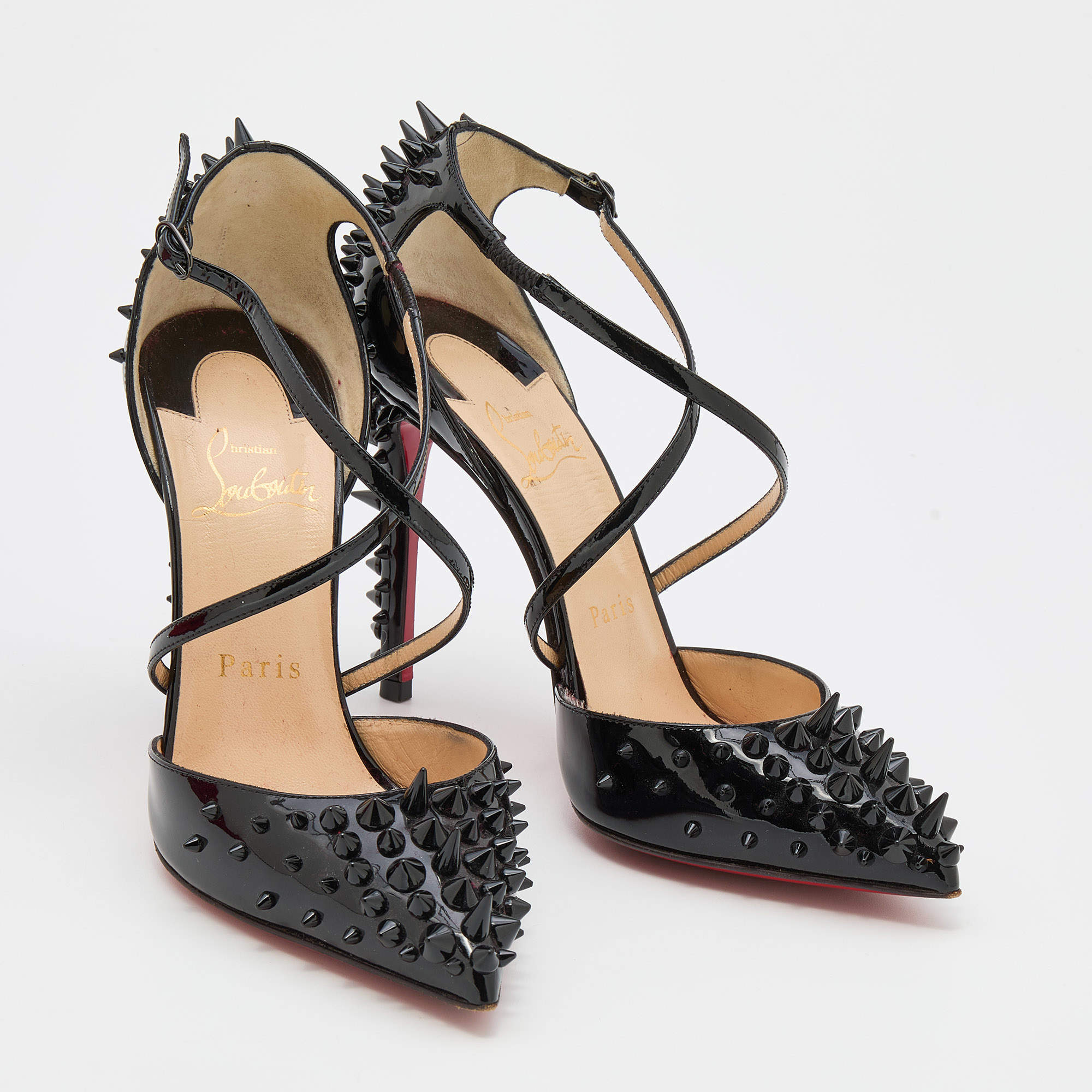 Christian Louboutin Black Patent Leather Goldocross Spike Pumps Size 35  Christian Louboutin