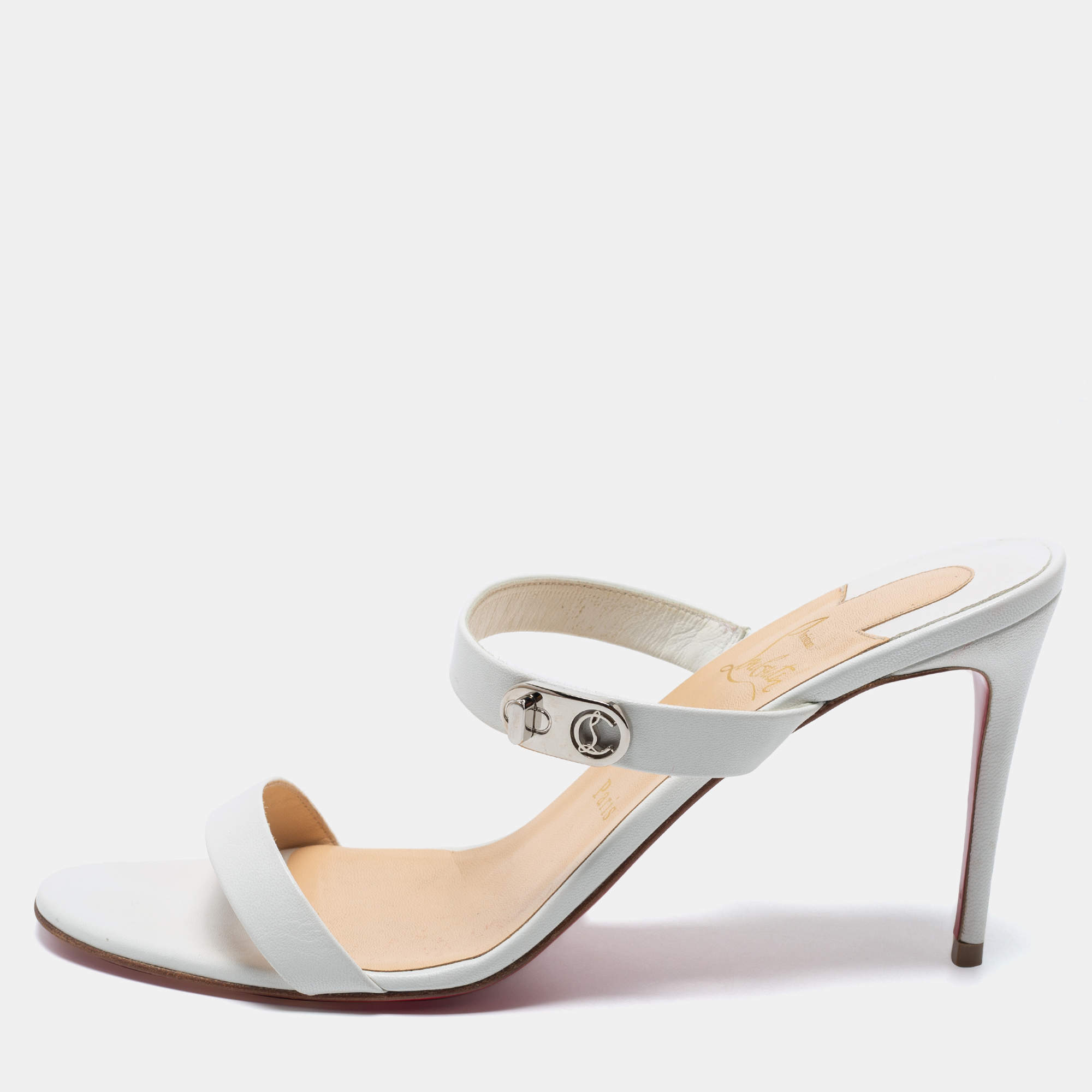 Pre Owned Christian Louboutin White Leather Lock Me Slides Size 40.5