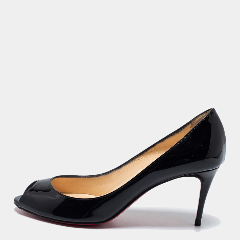 Pre Owned Christian Louboutin Black Patent Leather Flo Peep Toe Pumps Size 35