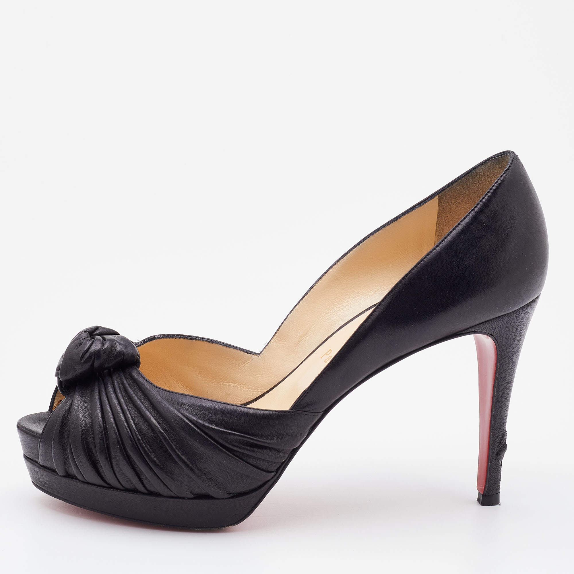 Pre Owned Christian Louboutin Black Leather Jenny Knot Peep Toe Platform Pumps Size 37.5