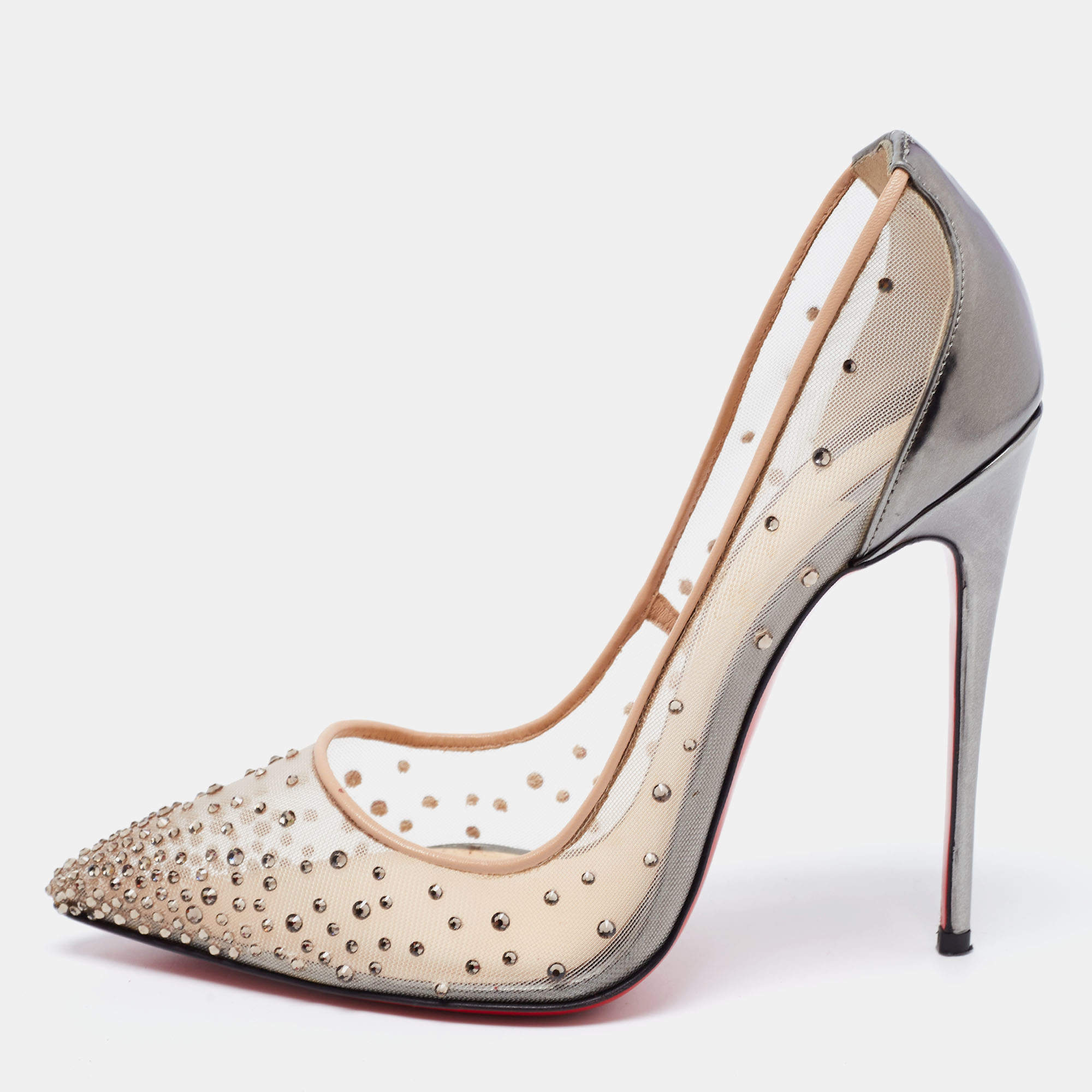 مملوكة مسبقًا Christian Louboutin Metallic Grey Leather and Mesh Follies Strass Pumps Size 38.5