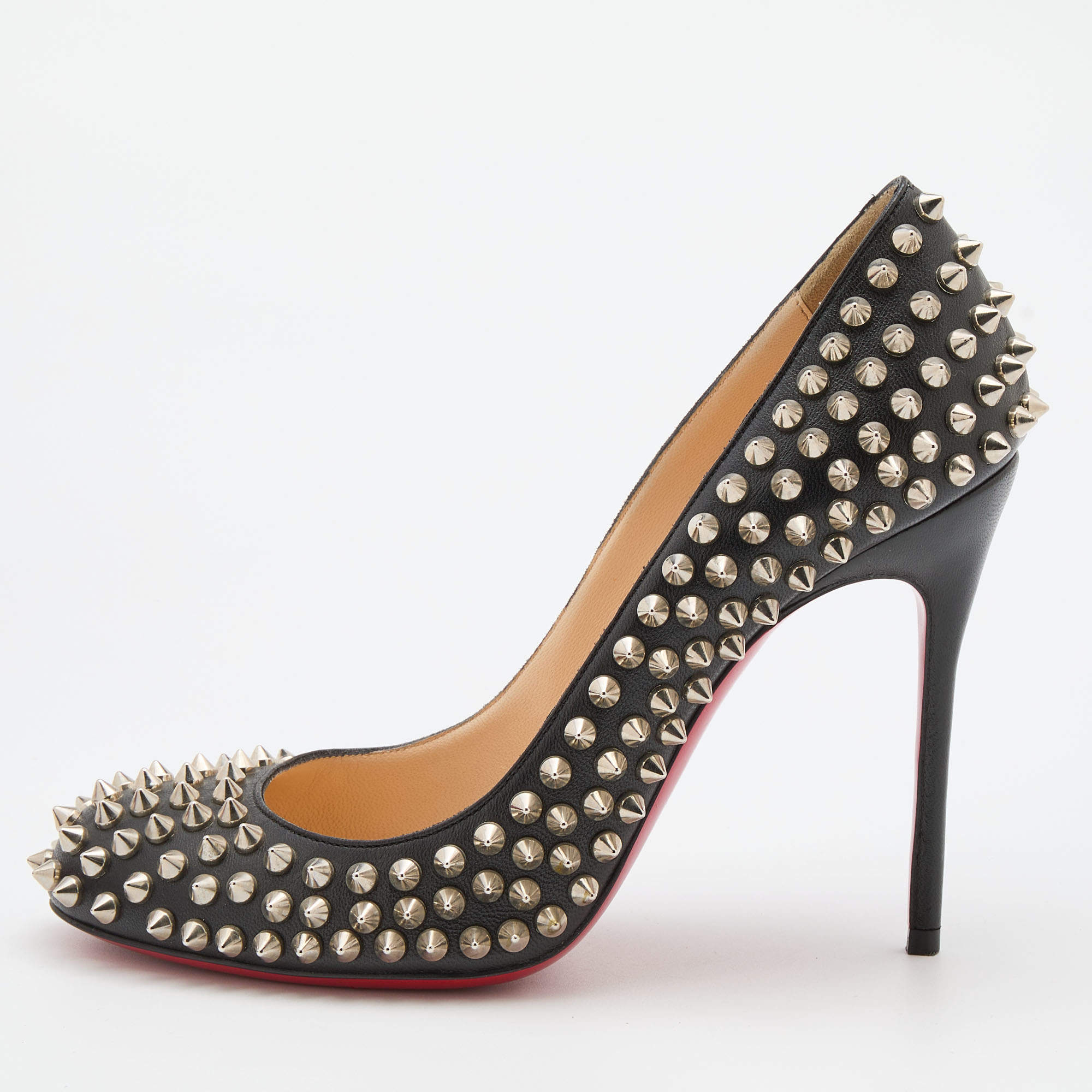 Christian Louboutin Black Leather Fifi Spike Round Toe Pumps Size 37