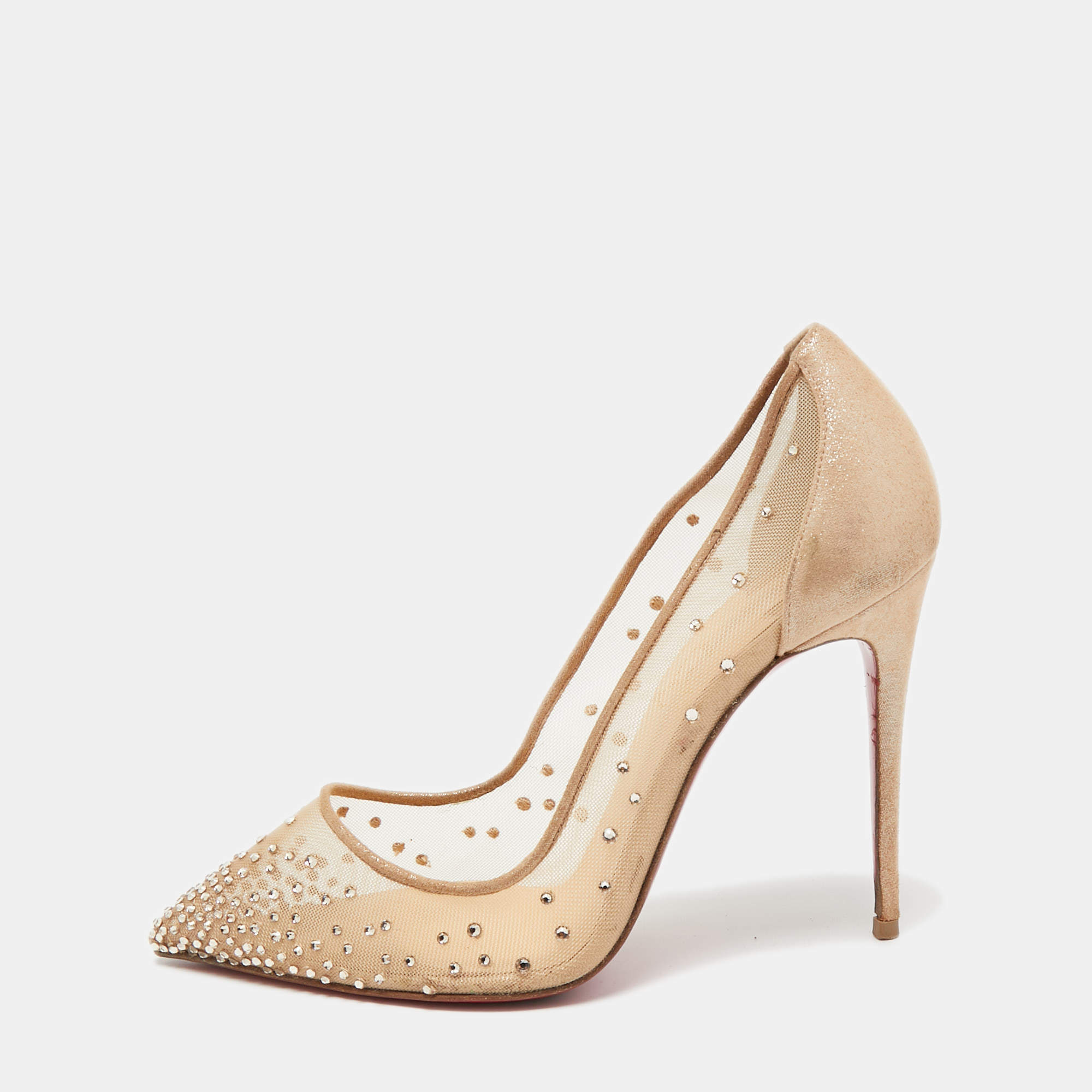 Pre Owned Christian Louboutin Beige Crystal Embellished Mesh and Laminated Suede Follies Strass Pumps Size 36.5
