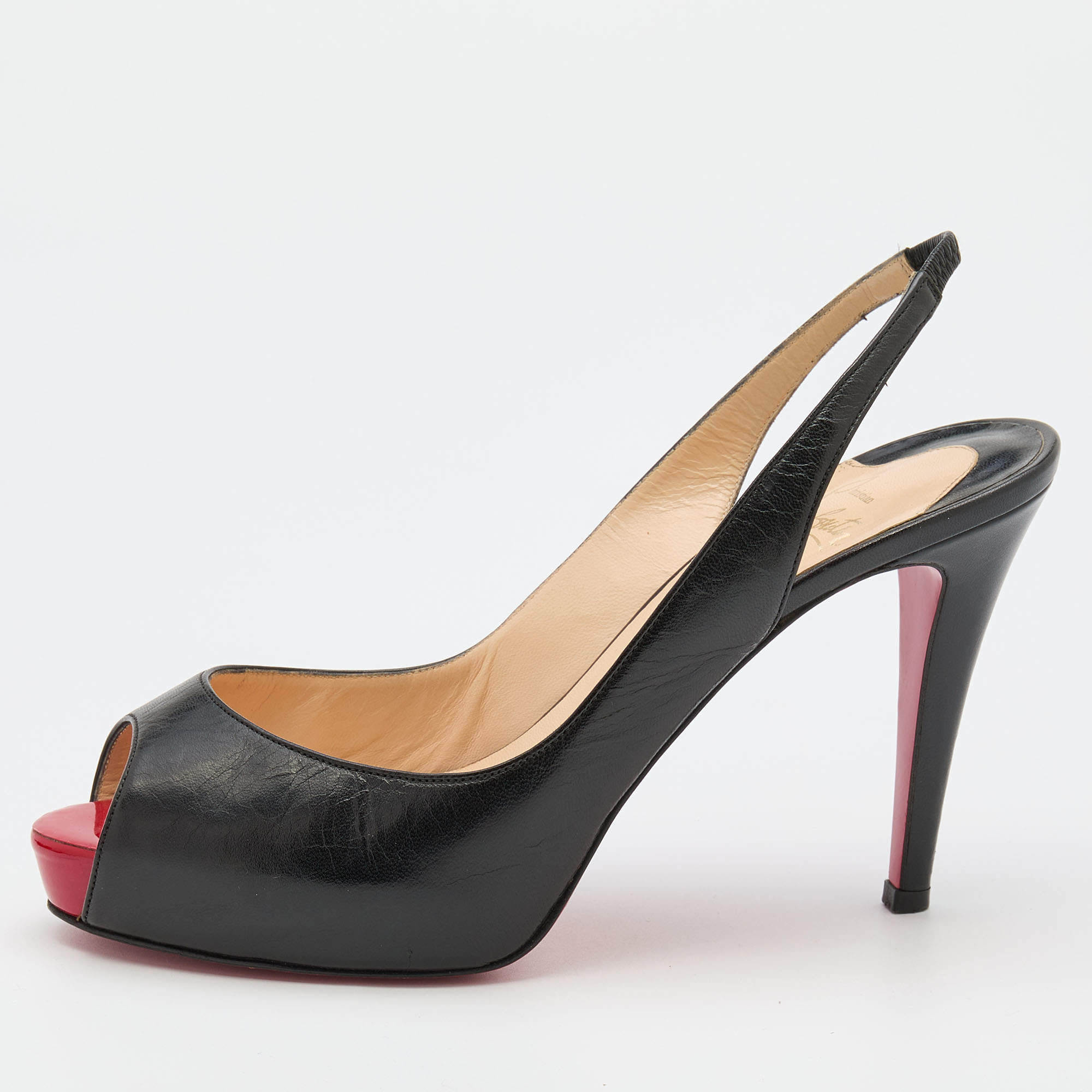 Pre Owned Christian Louboutin Black Leather No Prive Slingback Pumps Size 38.5