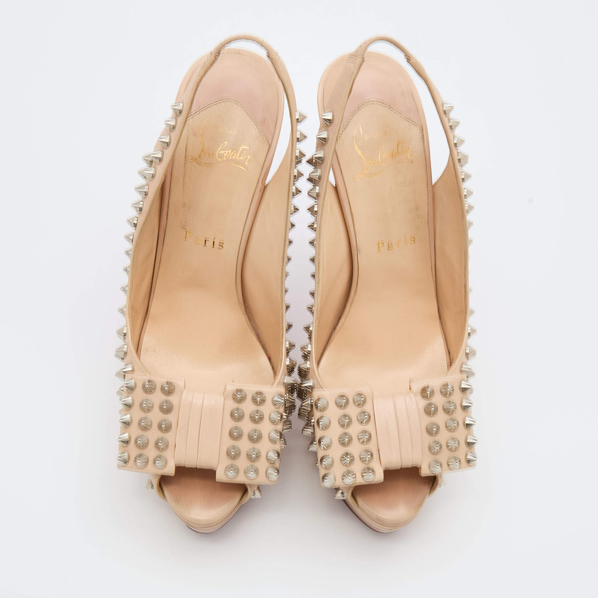 Christian Louboutin Light Beige Leather Clou Noeud Spikes 150 Slingback Pumps Size 4.5/35