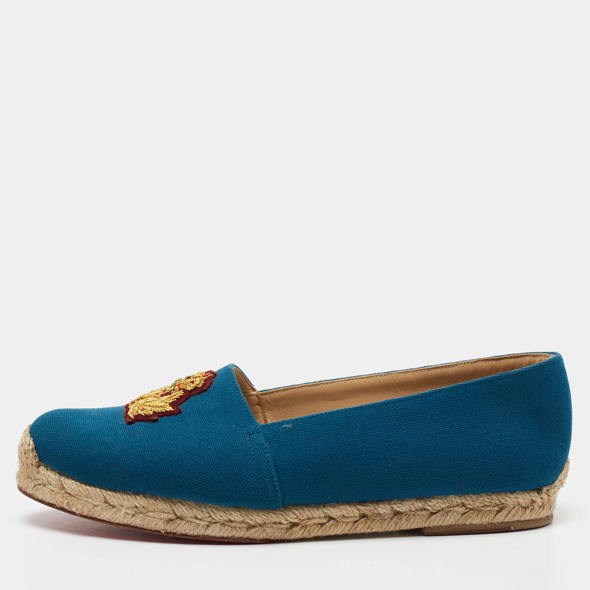 Pre Owned Christian Louboutin Blue Canvas Gala Embroidered Crest Flat Espadrilles Size 38