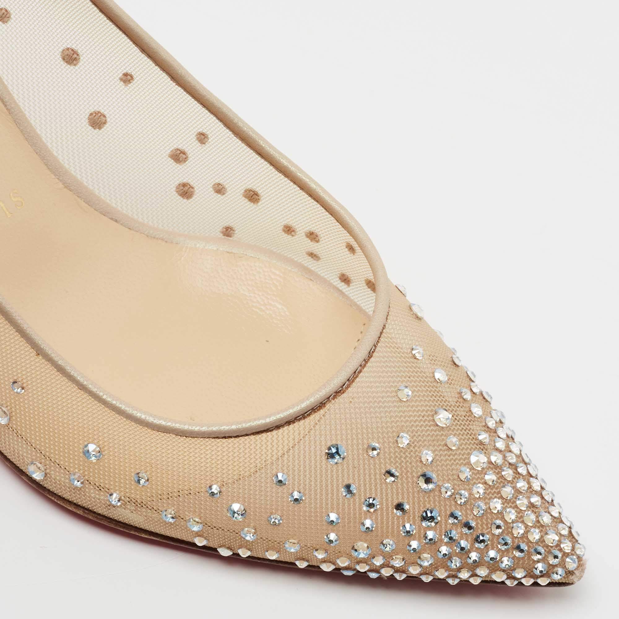 Christian Louboutin Beige/Silver Mesh and Leather Follies Strass Pumps Size  39.5 at 1stDibs