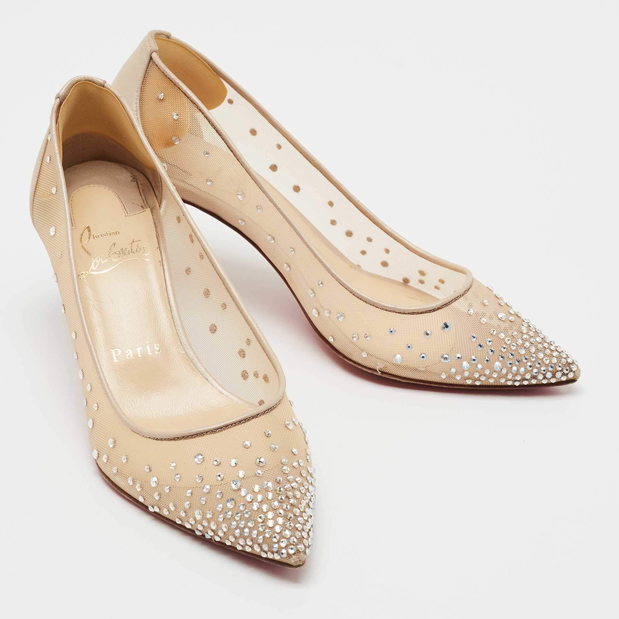 Christian Louboutin Beige/Silver Mesh and Leather Follies Strass Pumps Size  39.5 at 1stDibs