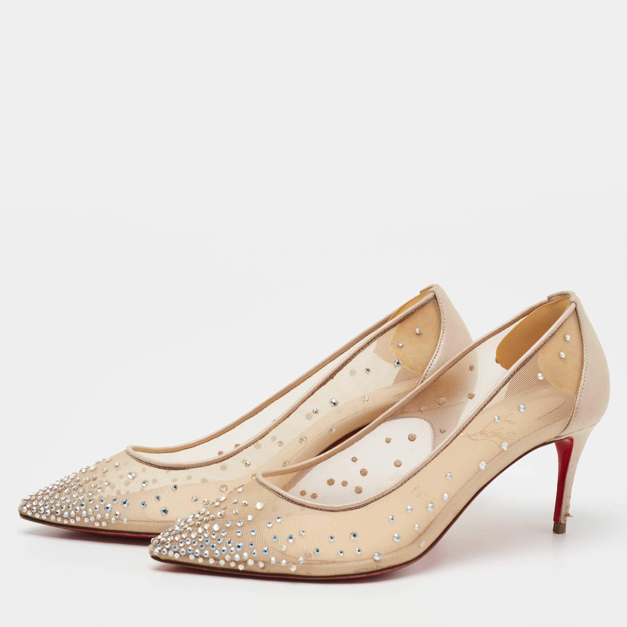 Christian Louboutin Beige Mesh and Leather Follies Strass Pumps