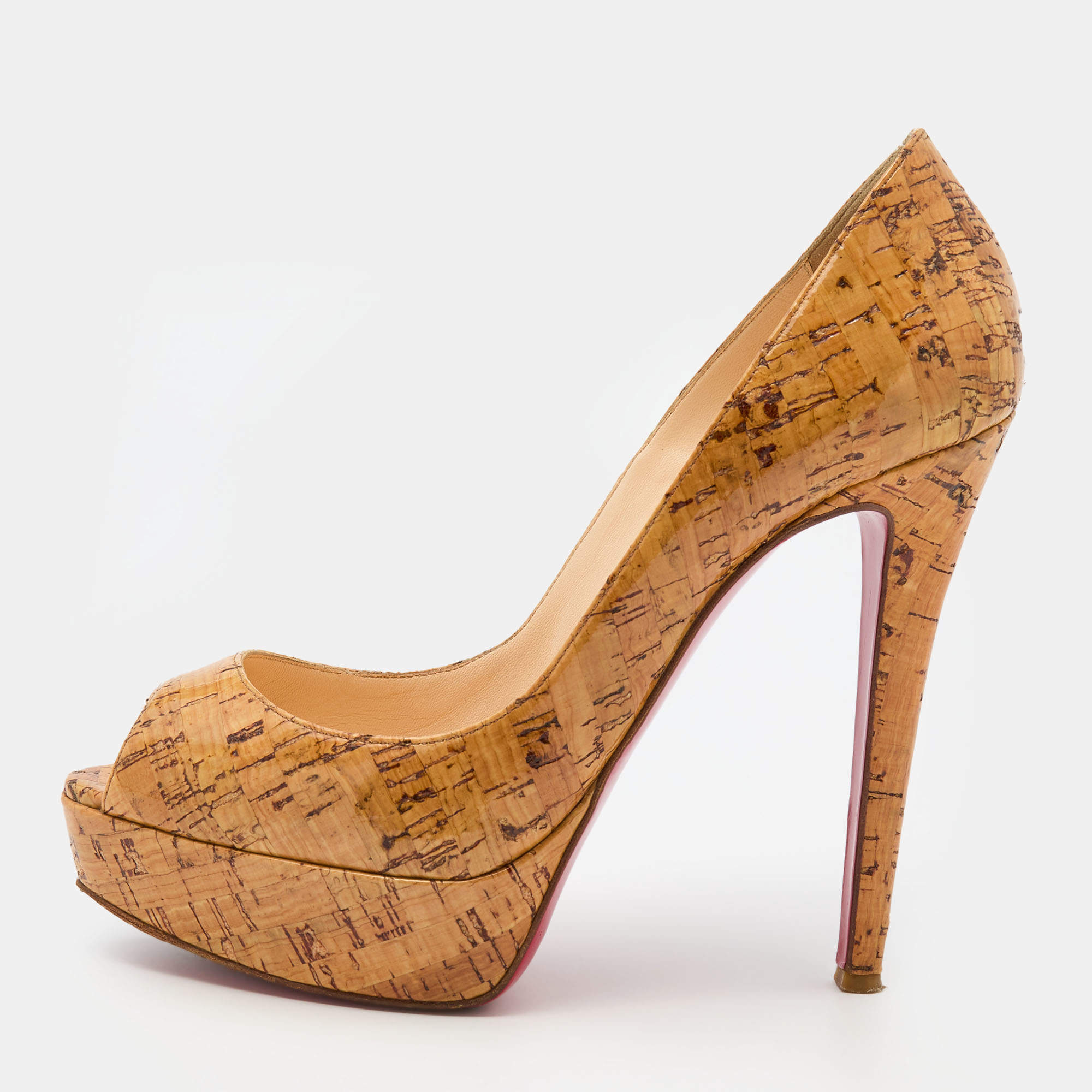 Pre Owned Christian Louboutin Beige Cork Lady Peep Toe Platform Pumps Size 38.5