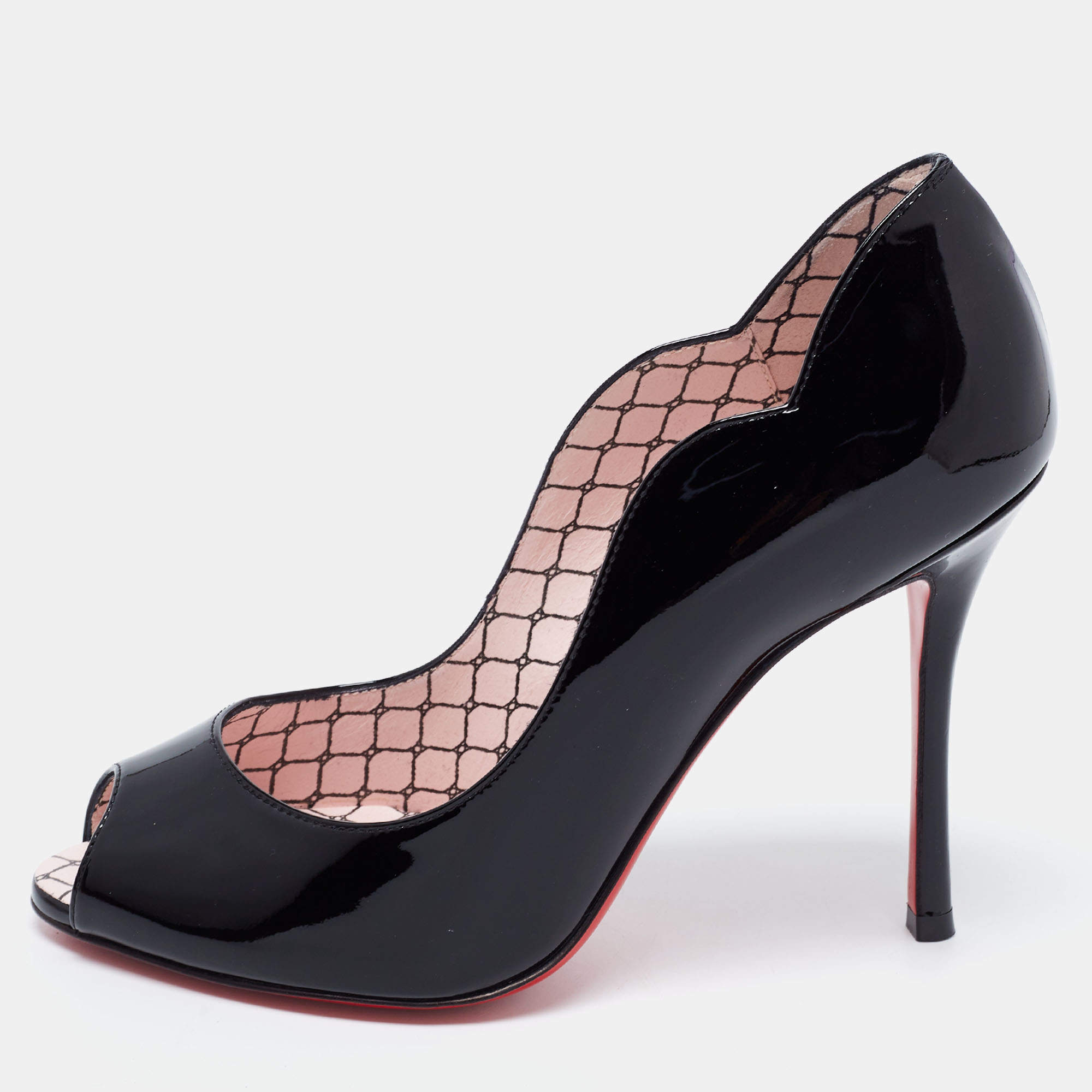 Pre Owned Christian Louboutin Black Patent Leather Chick Up Peep Toe Pumps Size 36