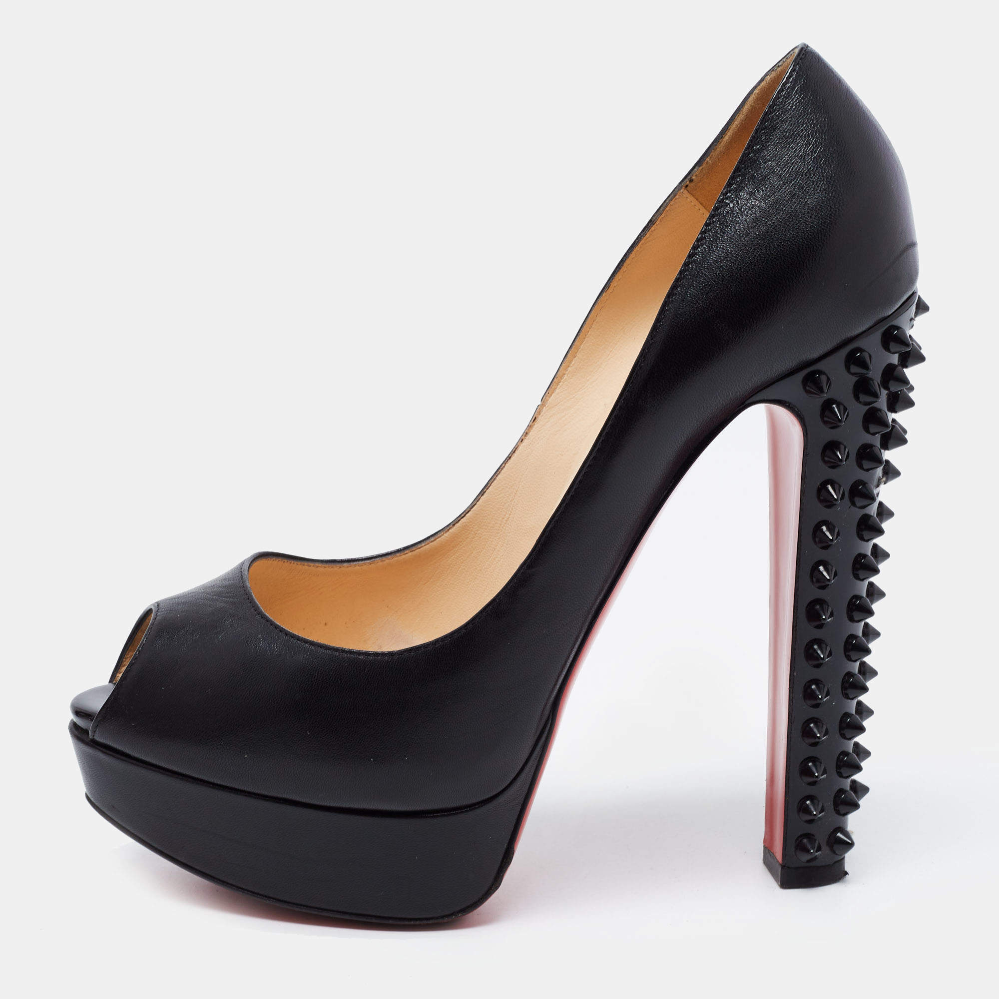 Pre Owned Christian Louboutin Black Leather Babel Clou Peep Toe Pumps Size 38