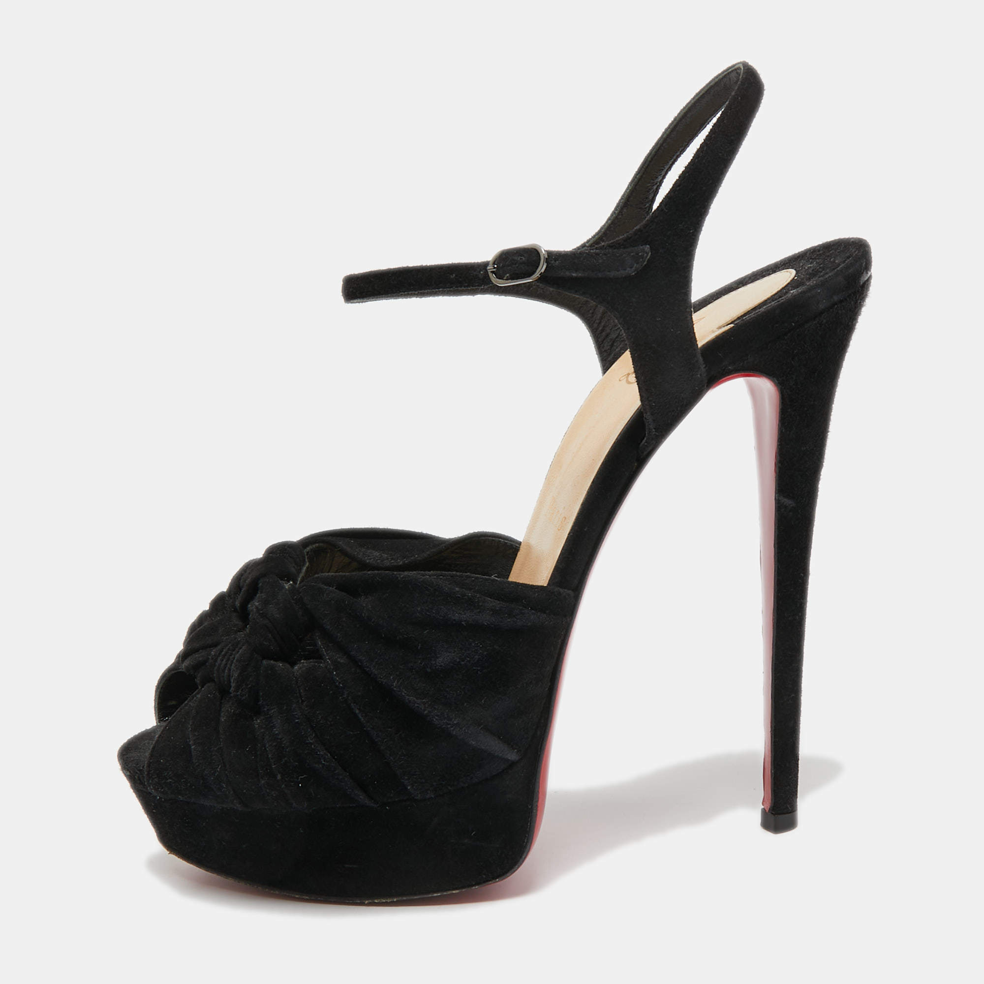 Christian Louboutin Black/Gold Suede Peep Toe Ankle Strap Sandals Size 36  Christian Louboutin | The Luxury Closet
