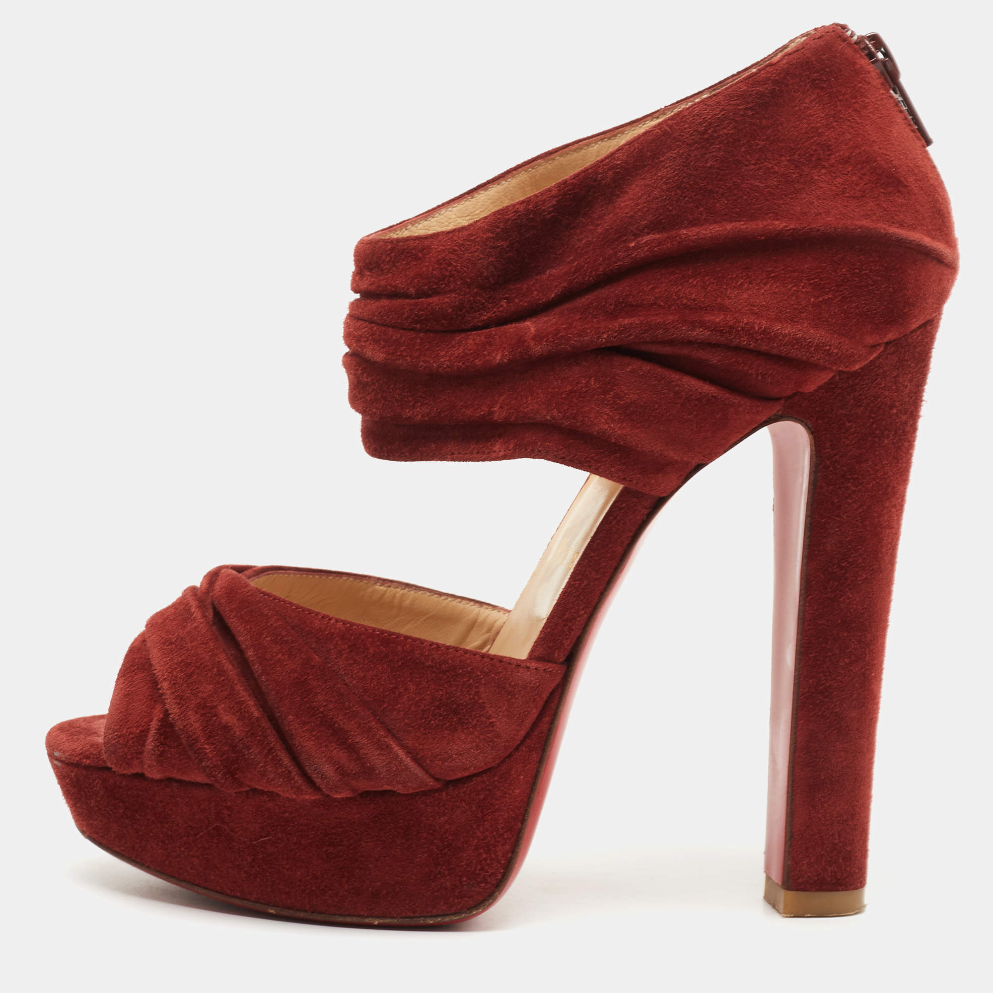 Pre Owned Christian Louboutin Rust Red Suede Pleated Bandra Zip Platform Sandals Size 37