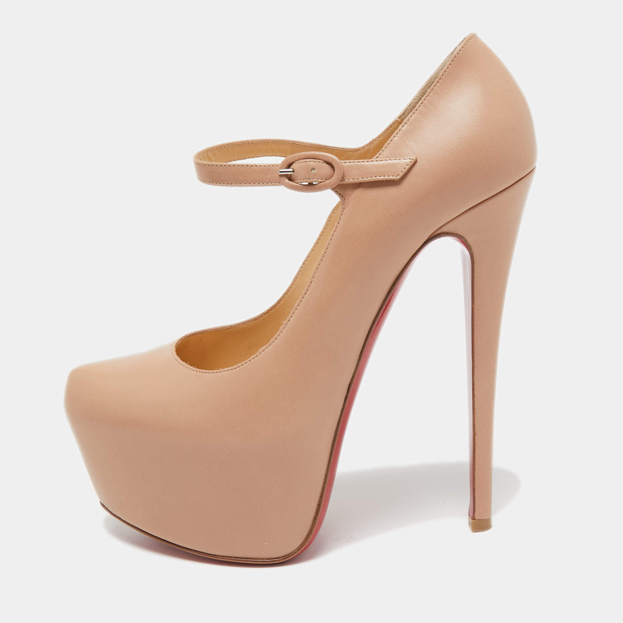Pre Owned Christian Louboutin Beige Leather Lady Daf Mary Jane Pumps Size 37.5