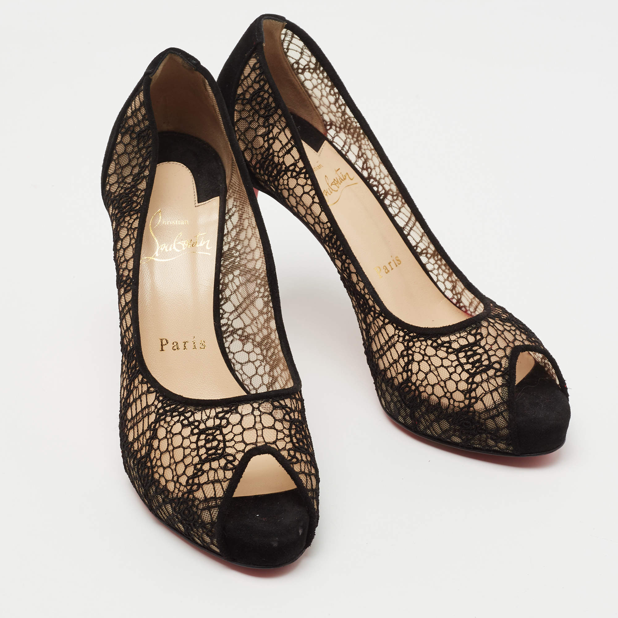 Christian Louboutin Black Lace and Suede Very Lace Peep Toe Pumps Size 36.5 Christian Louboutin TLC