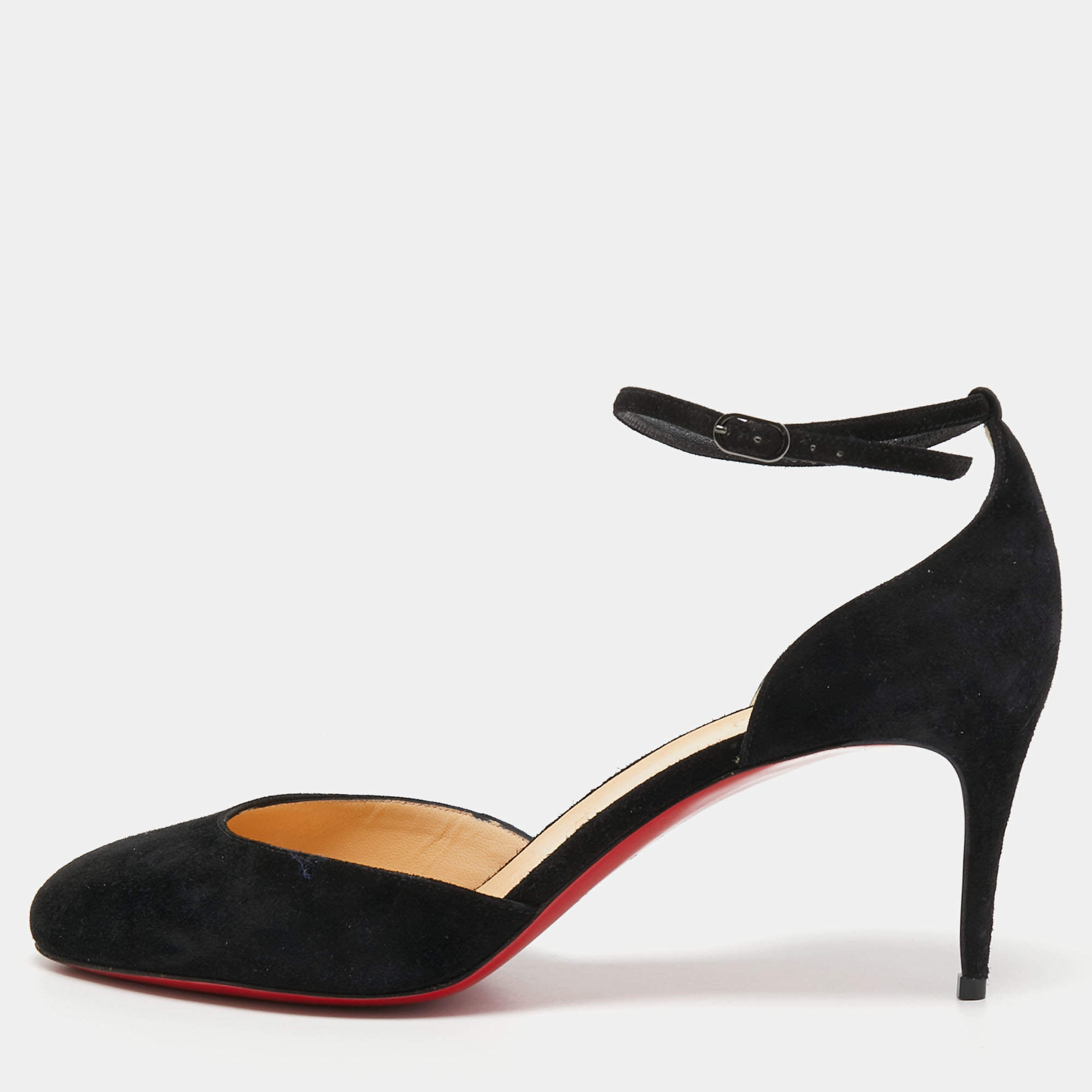 Christian Louboutin Black Suede Round Toe Ankle Strap Pumps Size