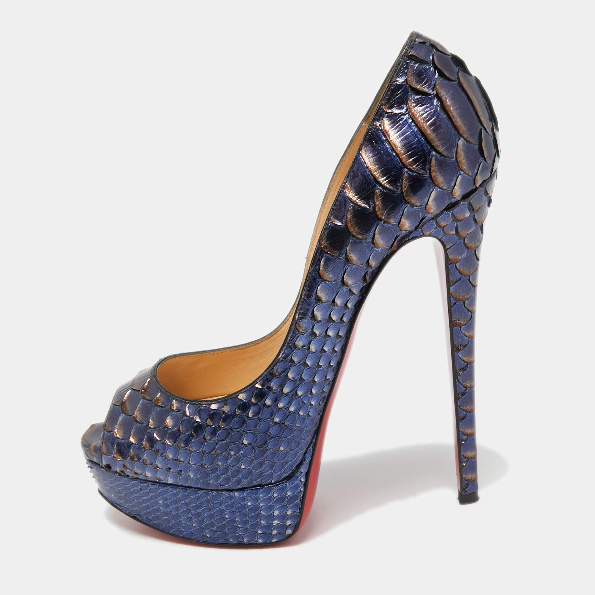 Christian Louboutin Metallic Blue Python Lady Peep Toe Pumps Size 37