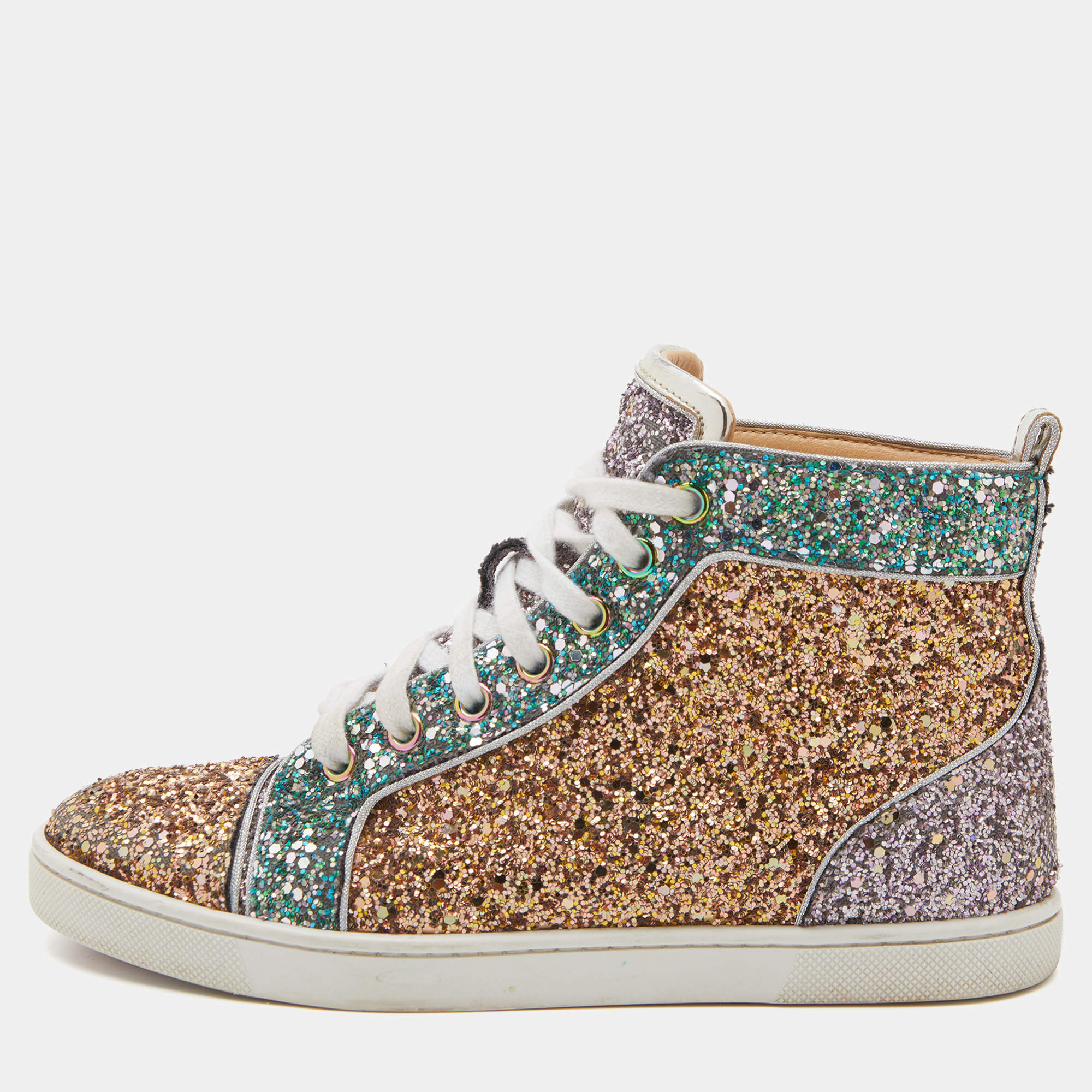 Christian Louboutin Multicolor Glitter Fabric Bip Bip High Top Sneakers Size 35.5