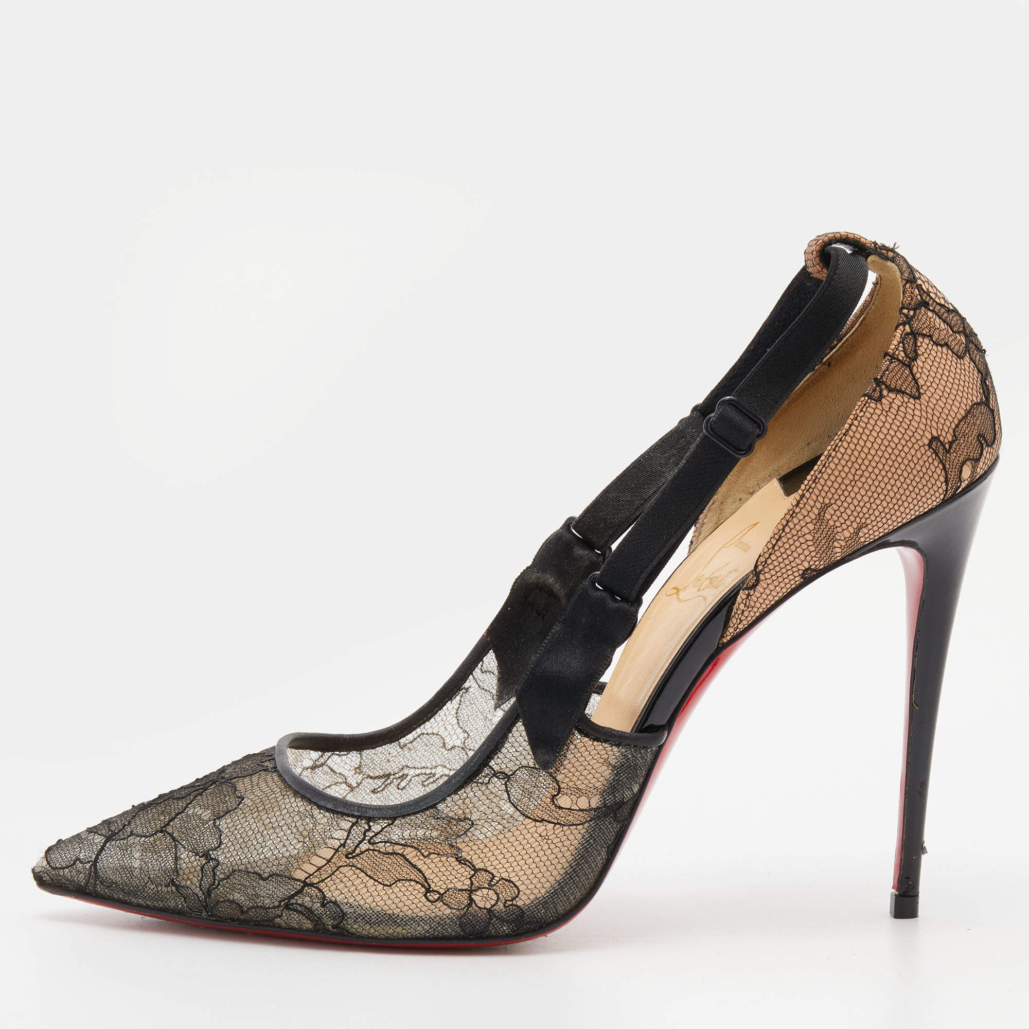 Christian Louboutin Black Lace and Satin Hot Jeanbi Pumps Size 38.5