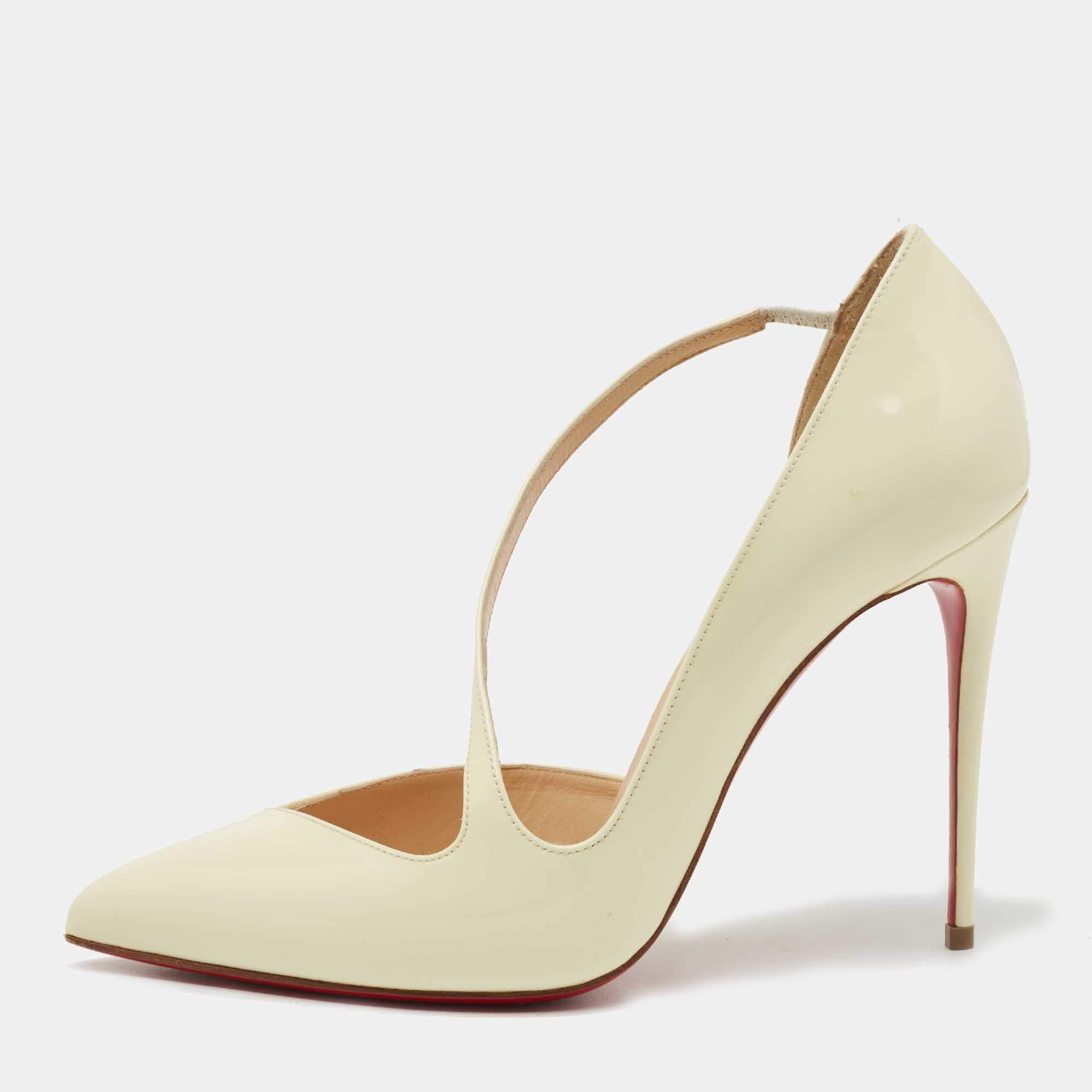 مملوكة مسبقًا Christian Louboutin Off White Patent Leather Jumping D'orsay Pumps Size 38