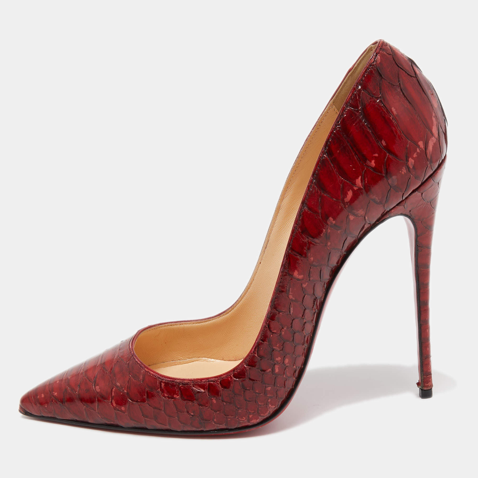 Pre Owned Christian Louboutin Dark Red Python So Kate Pumps Size 39