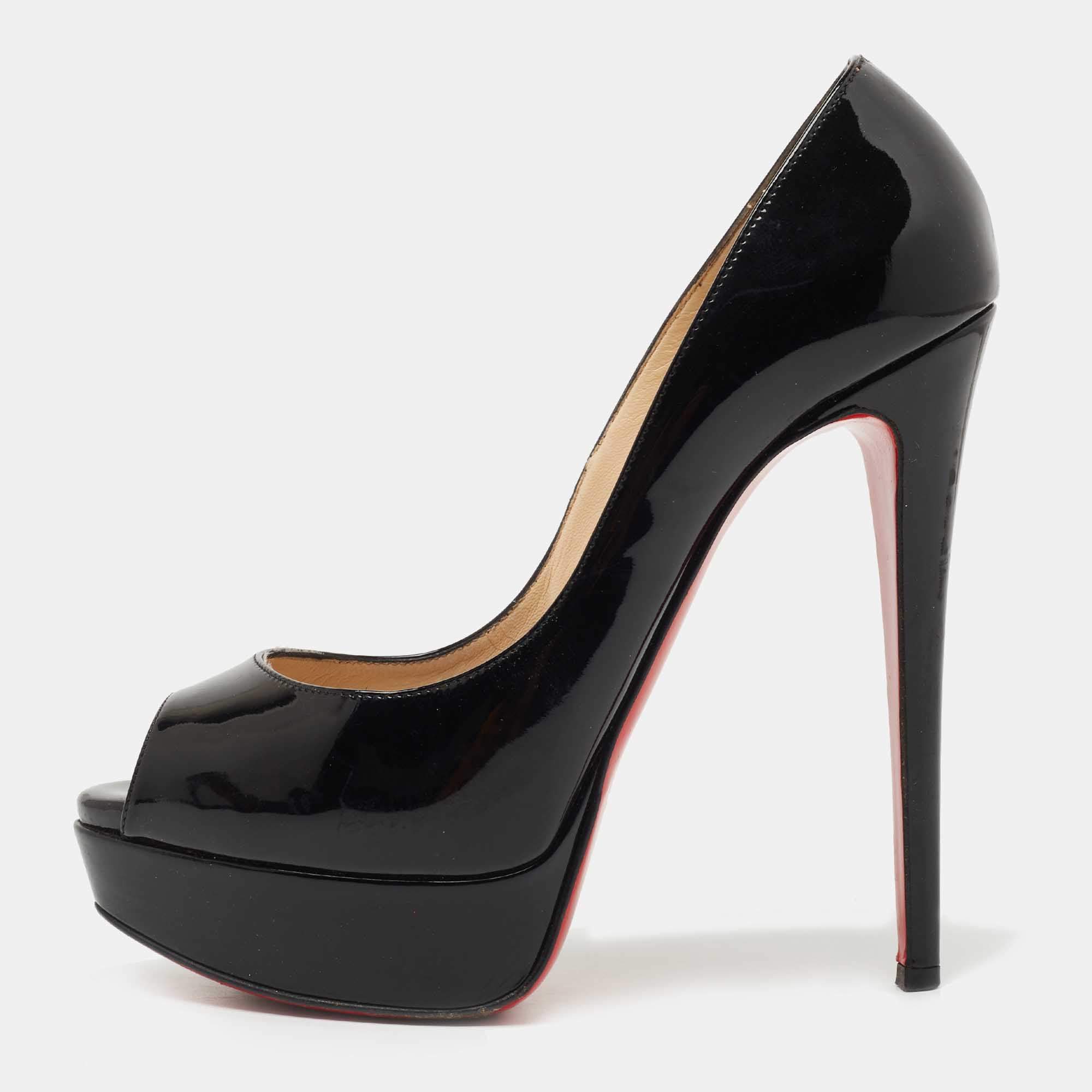 Christian Louboutin Black Patent Leather Lady Peep Pumps Size 37.5 ...