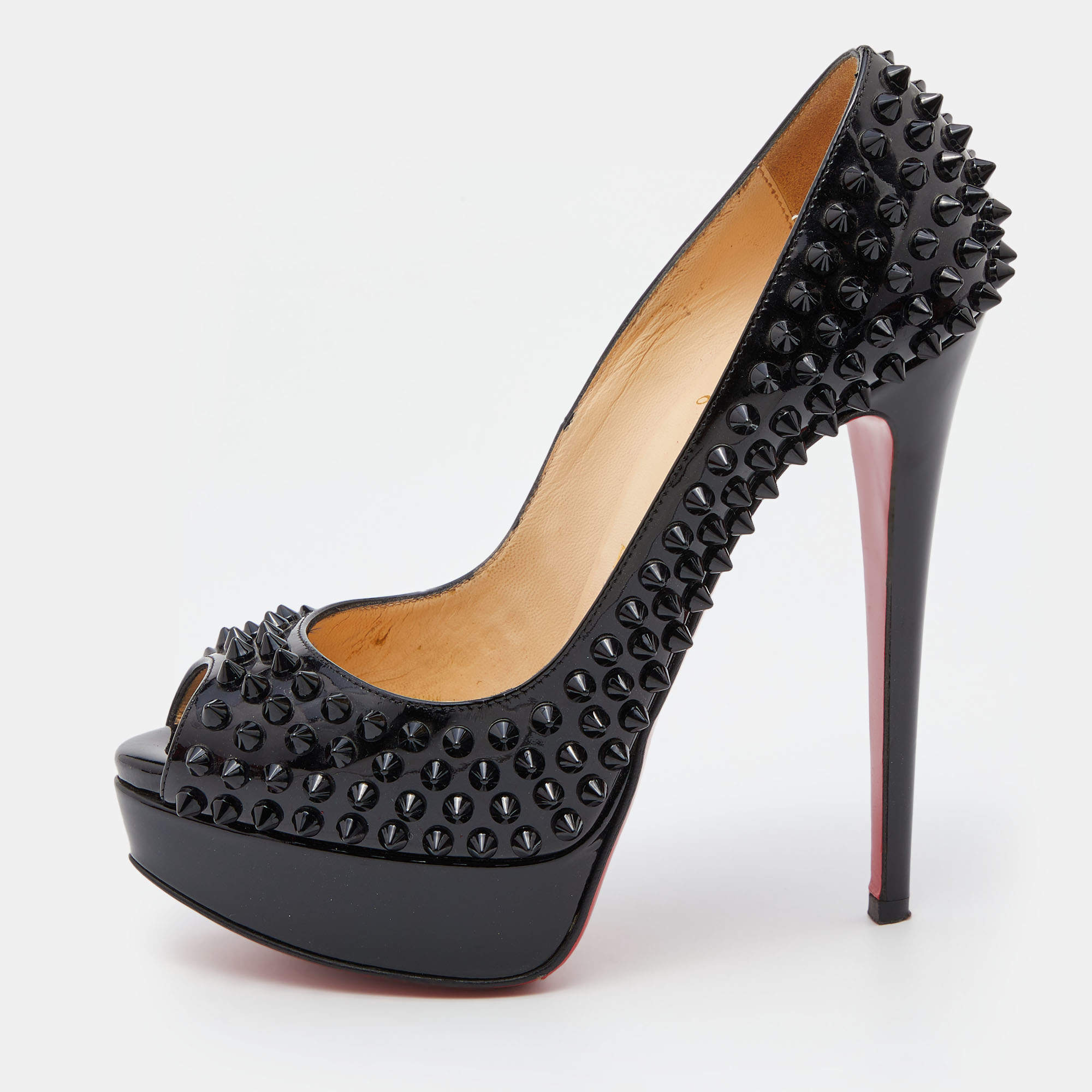 Christian Louboutin Black Patent Lady Peep Spikes Platform Pumps Size 365 Christian Louboutin 8111