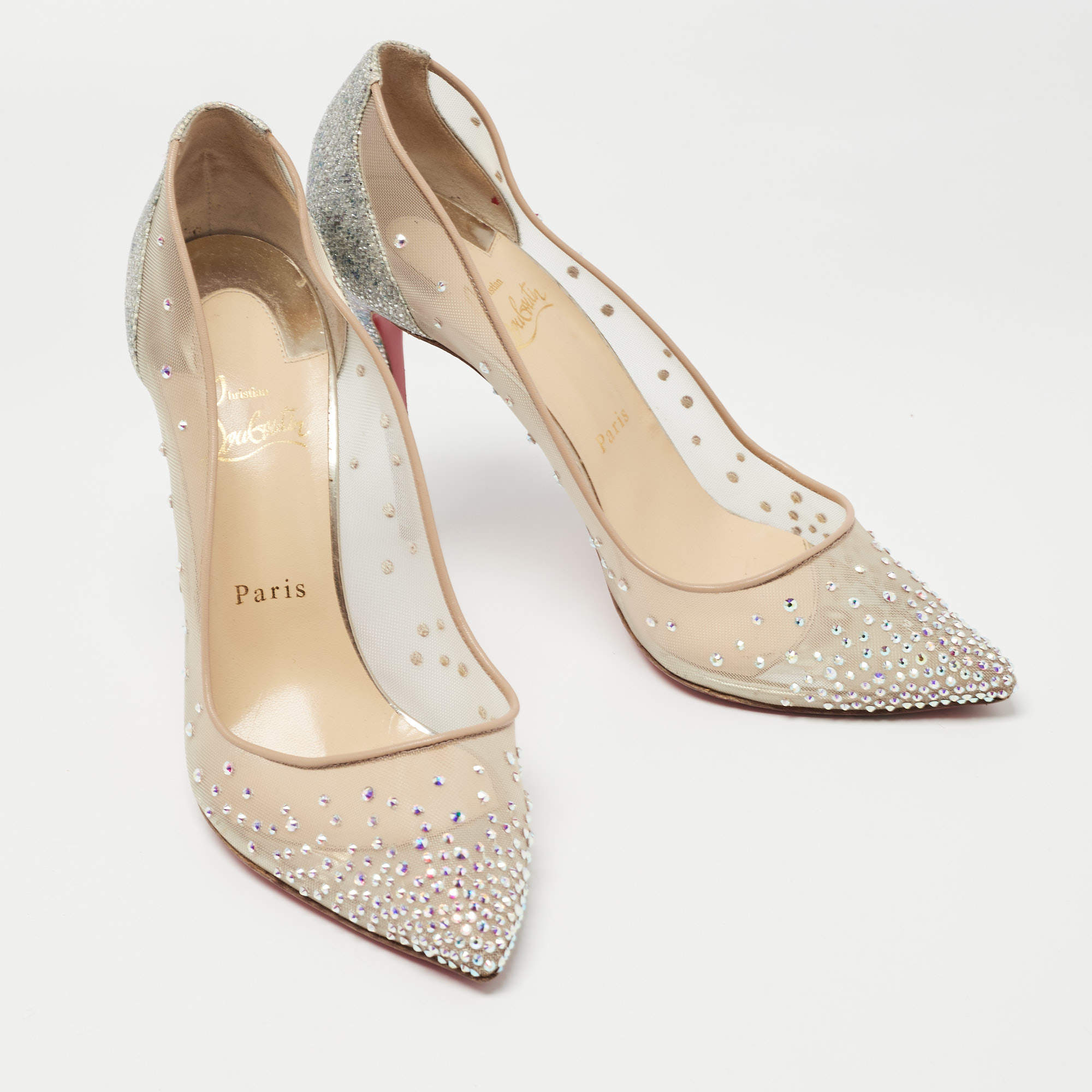 Beige/Silver Mesh and Leather Follies Strass Pumps Size 35.5 @ 19,900 73%  off the retail (72,609) 9.5/10 Preowned Condition Comes with box…