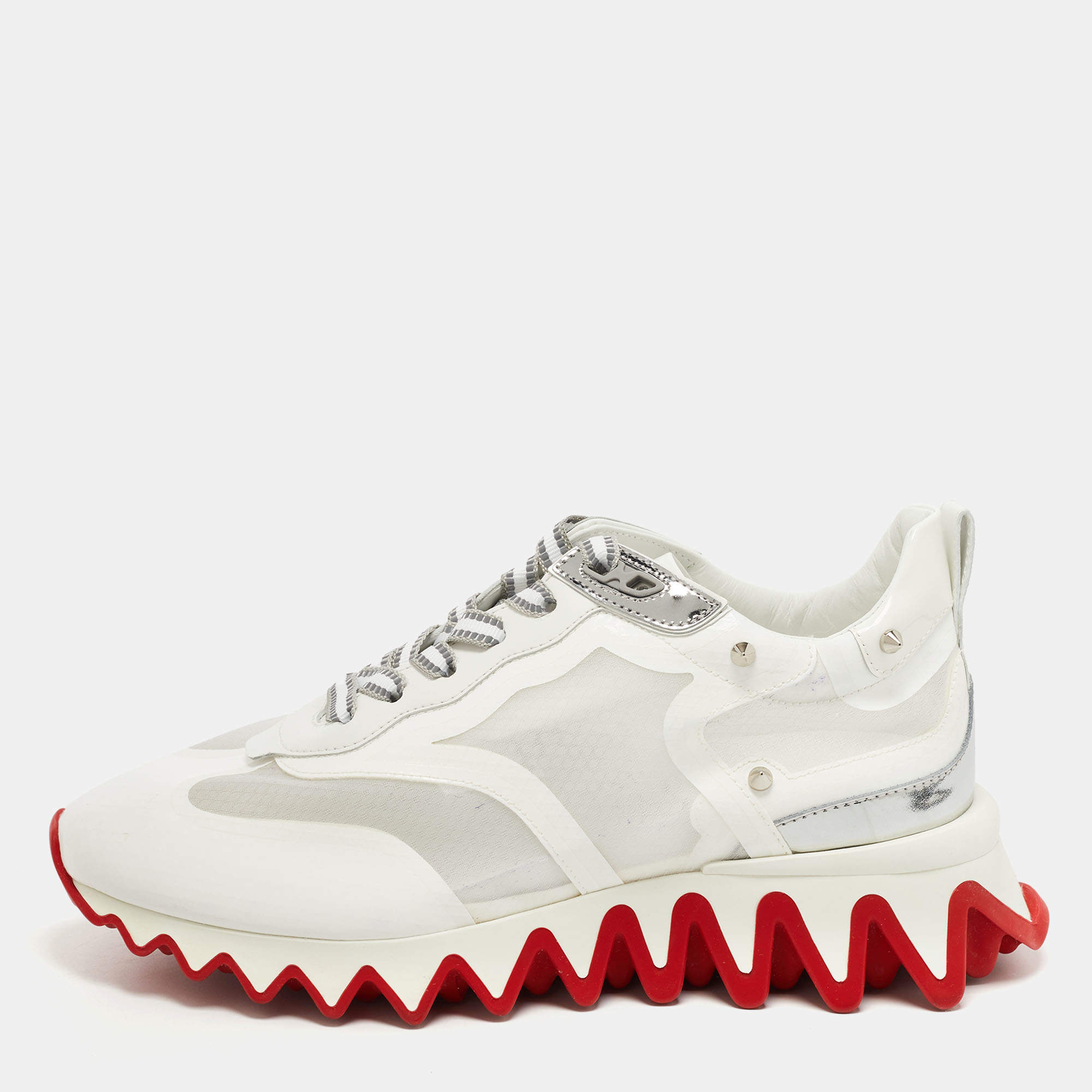 مملوكة مسبقًا Christian Louboutin White/Silver Patent and Mesh Loubi Shark Sneakers Size 37.5
