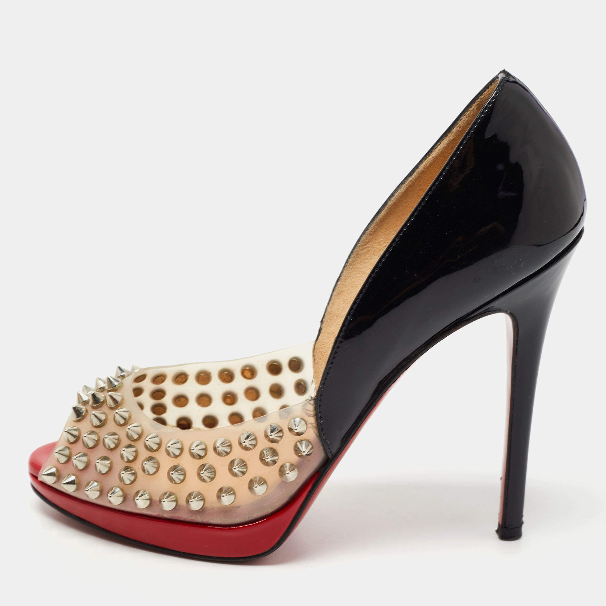 Pre Owned  Christian Louboutin Black Paten and PVC Engin Spikes 120 Pumps Size 36