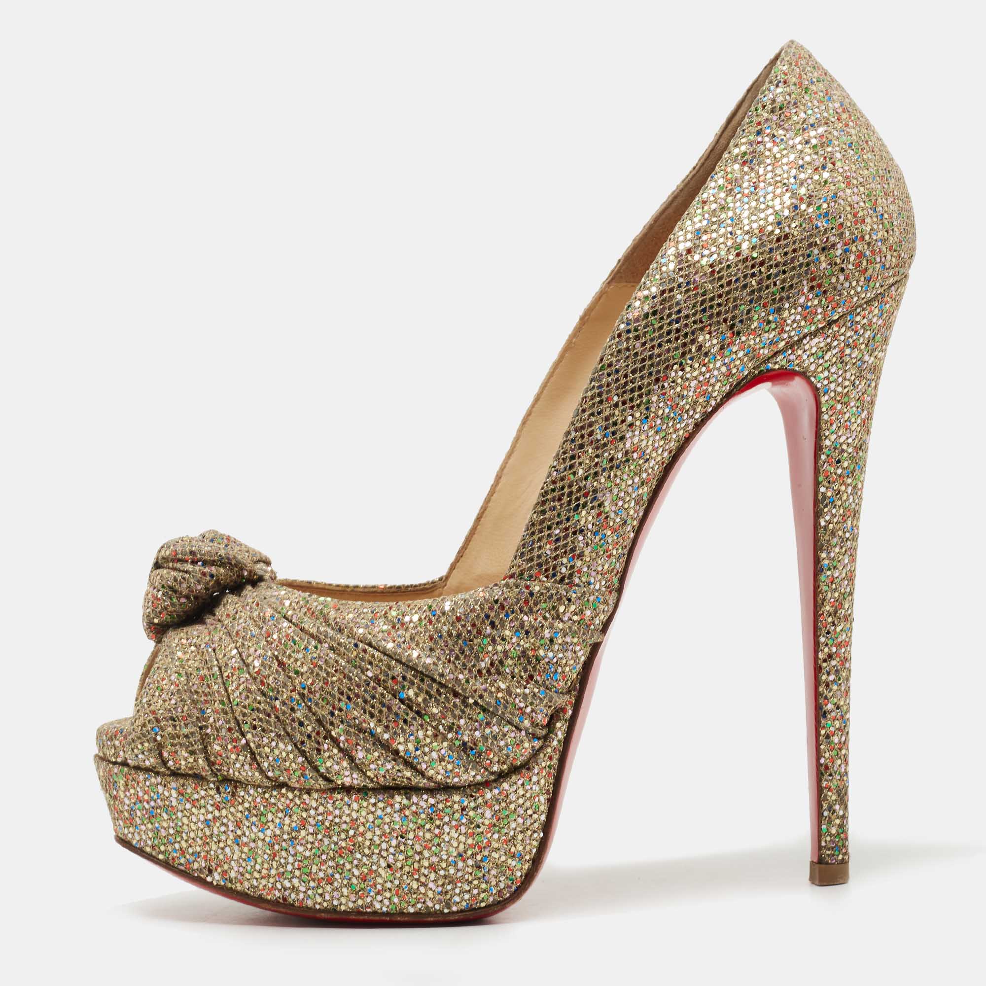 Christian Louboutin Black/Gold Glitter Fabric Jenny Knotted Slingback Pumps  Size 39.5 - ShopStyle