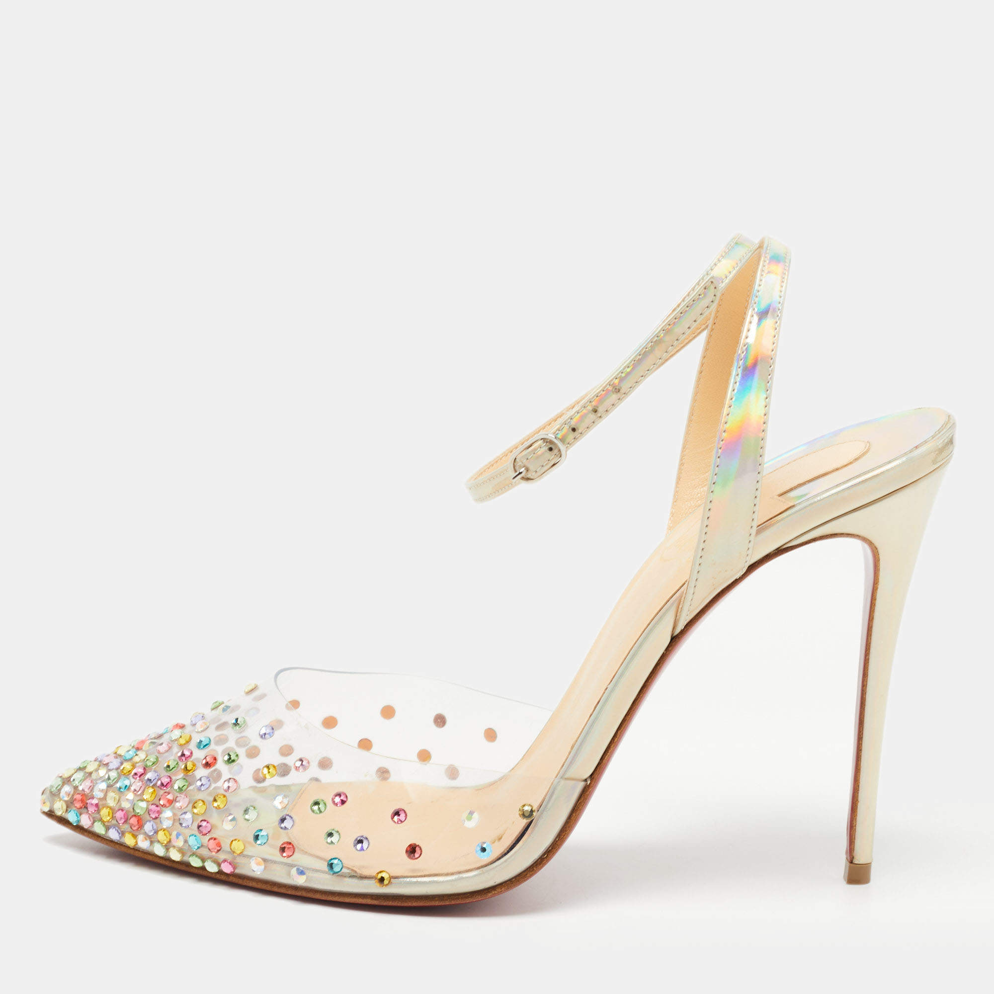 مملوكة مسبقًا Christian Louboutin Metallic Iridescent Leather and PVC Spikaqueen Ankle Strap Pumps Size 38