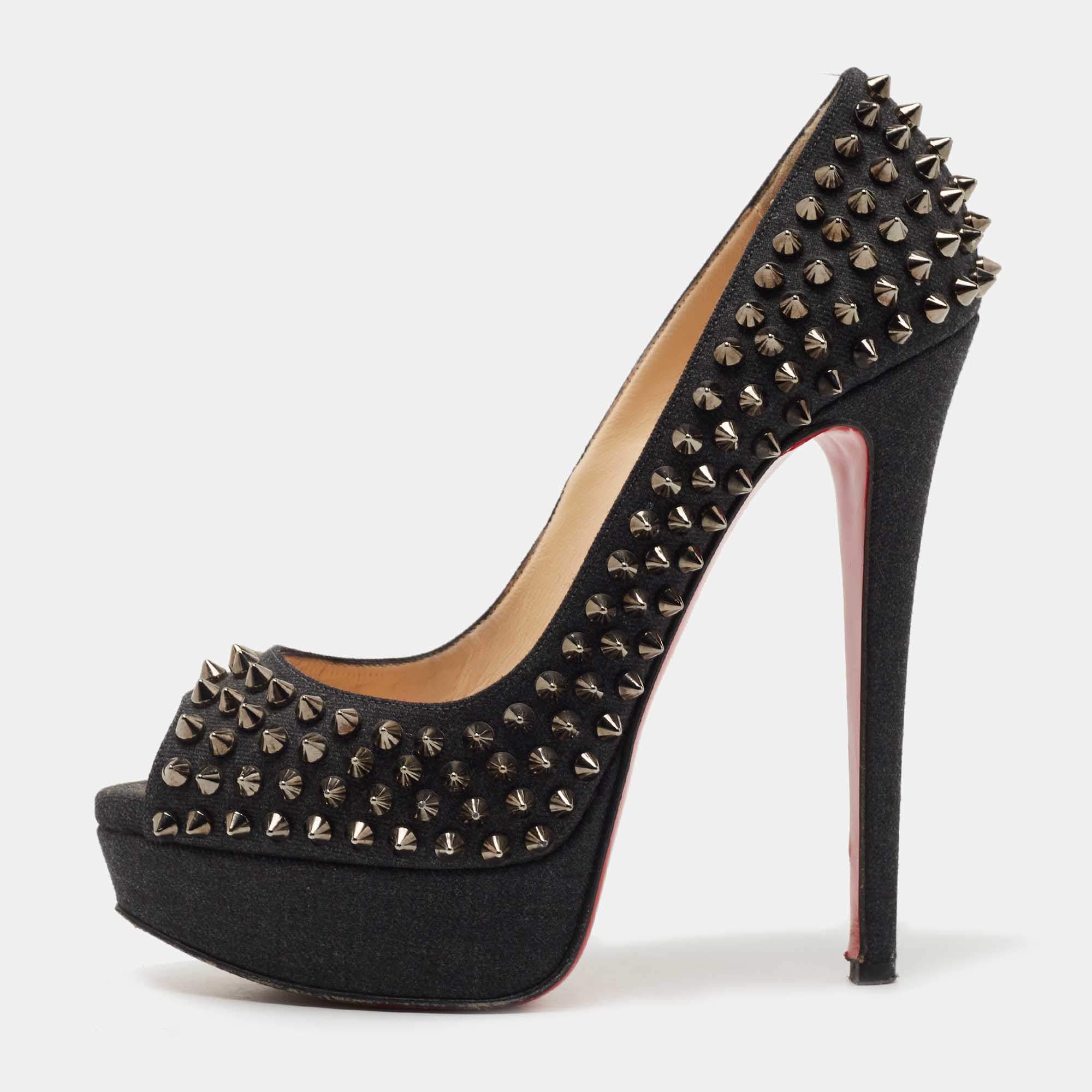 Christian Louboutin Dark Grey Denim Lady Peep Spikes Pumps Size 37