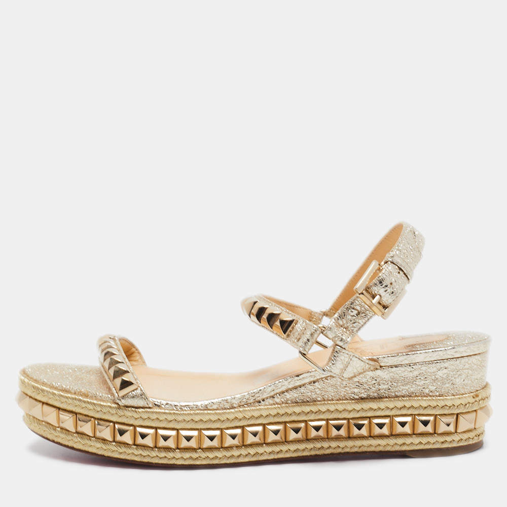 Christian Louboutin Gold Leather Pyraclou Espadrille Platform Sandals Size 39