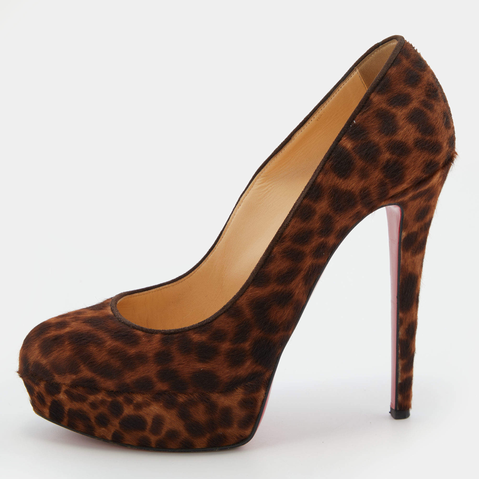 Christian Louboutin Brown Leopard Print Calf Hair Bianca Platform Pumps Size 37.5