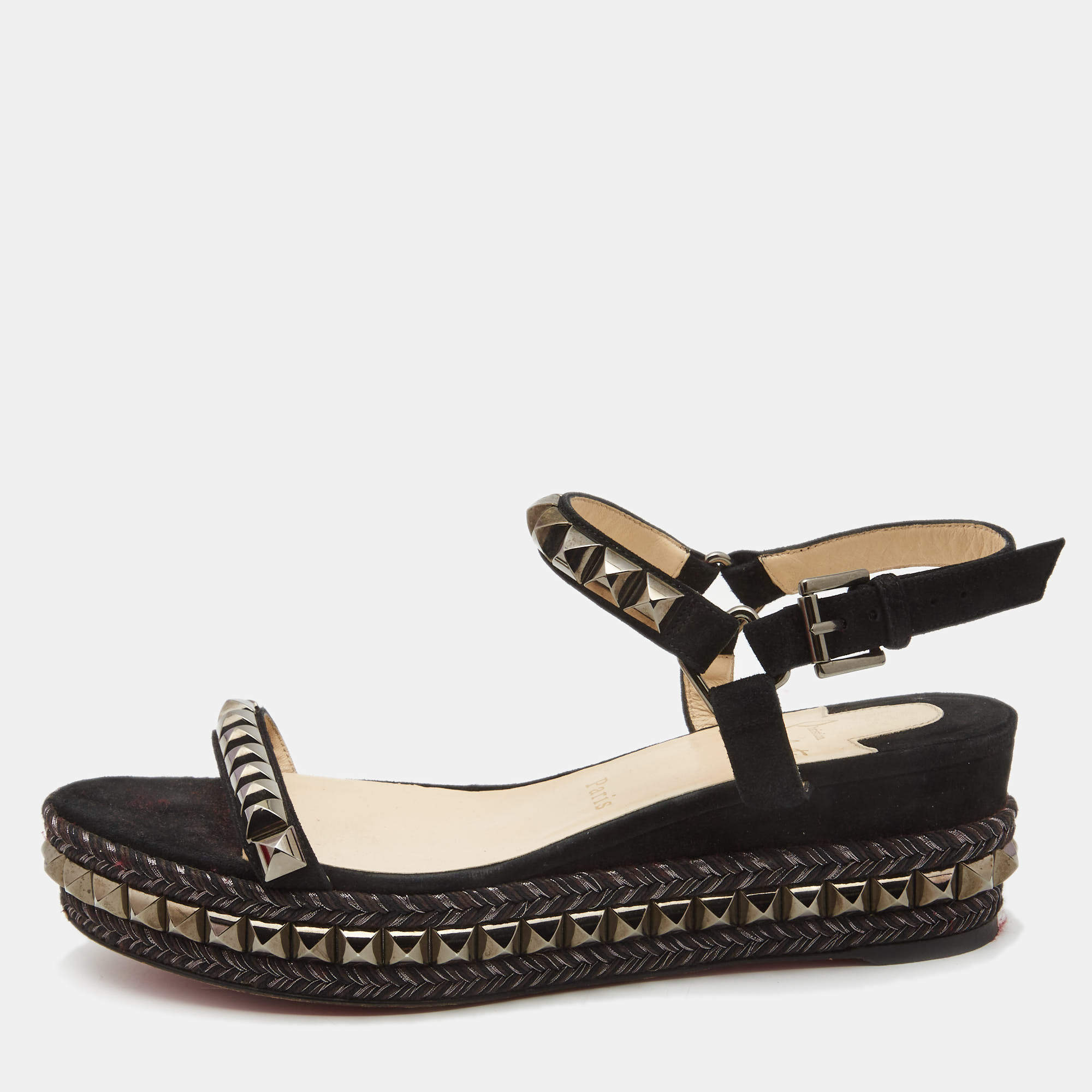 مملوكة مسبقًا Christian Louboutin Black Suede Pyraclou Espadrille Sandals Size 38