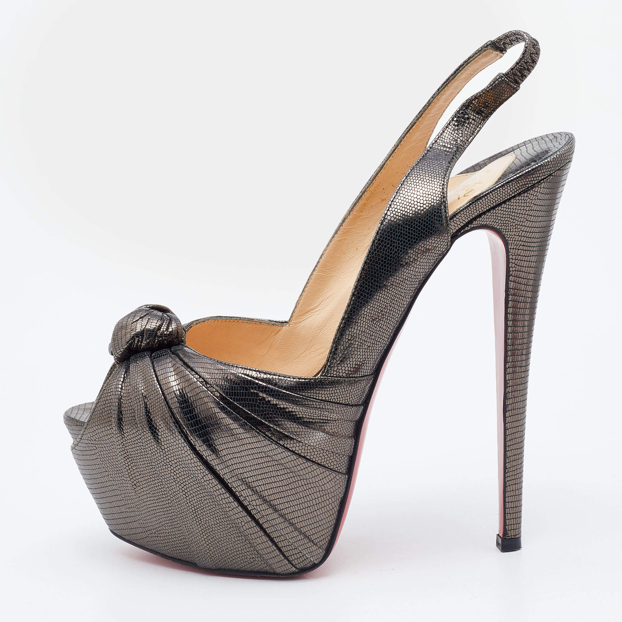 Pre Owned Christian Louboutin Metallic Grey Laminated Suede Miss Benin Knotted Pumps Size 40