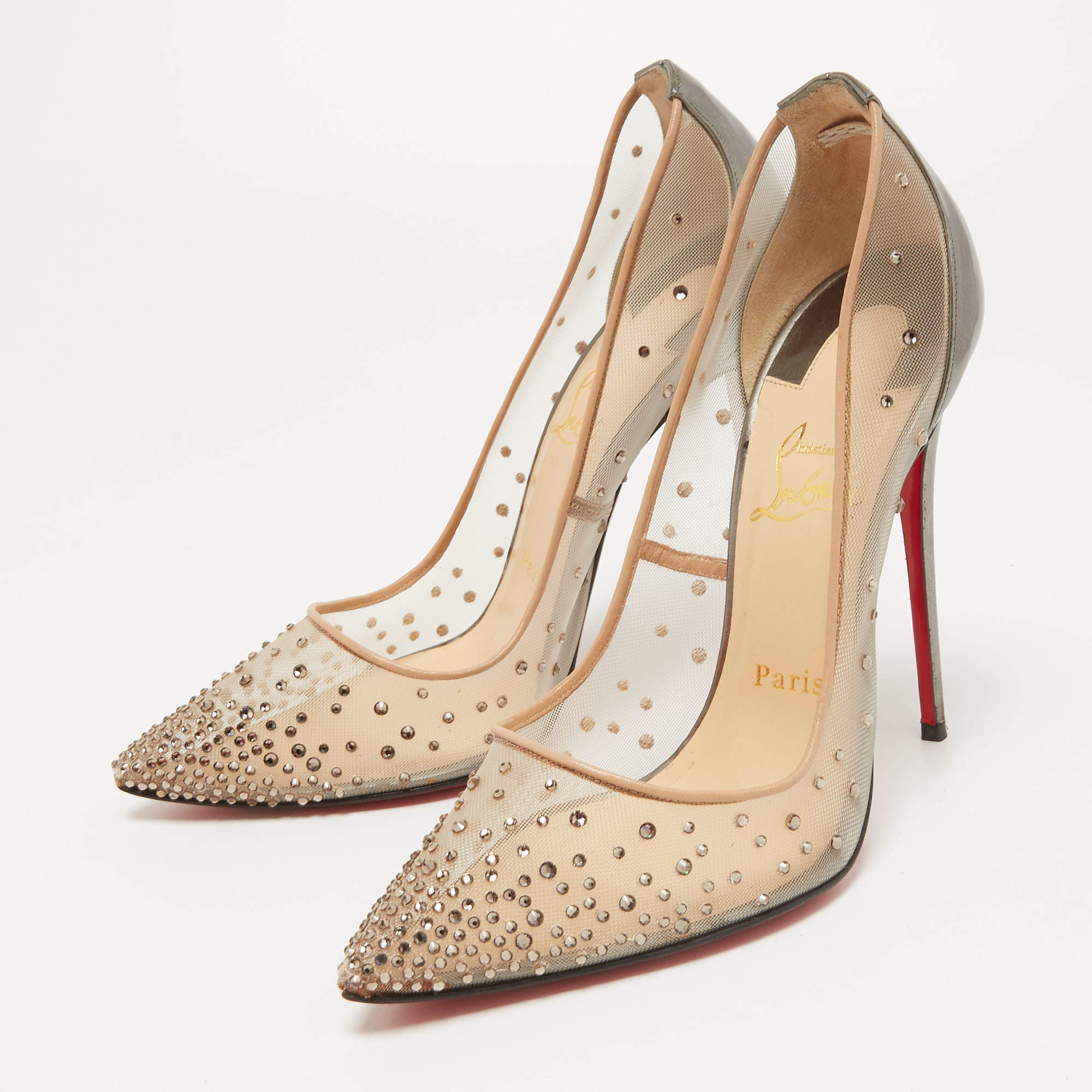 Christian Louboutin Beige/Black Mesh and Leather Follies Strass Pumps Size  39.5 Christian Louboutin