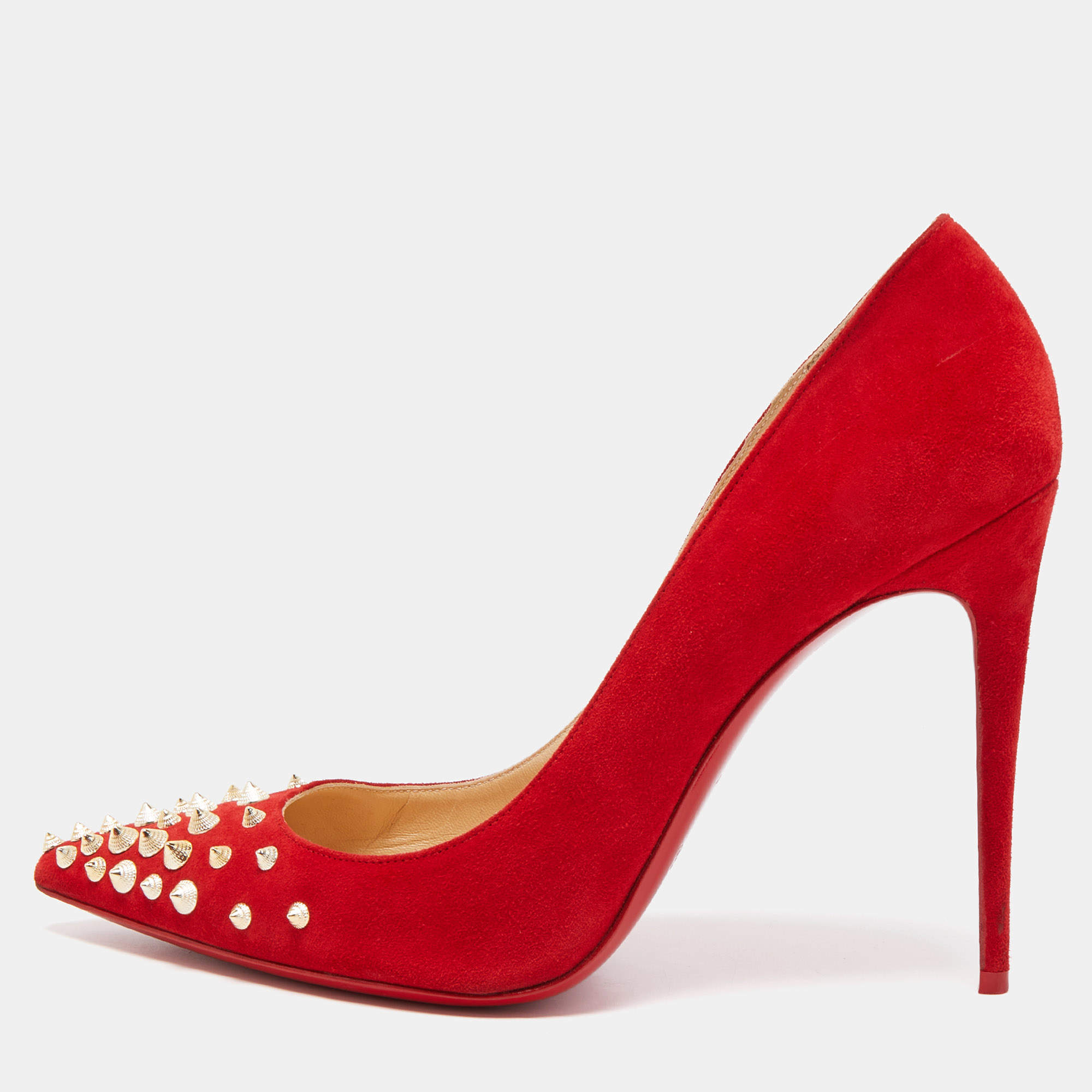 Pre Owned Christian Louboutin Red Suede Spikyshell Pumps Size 40