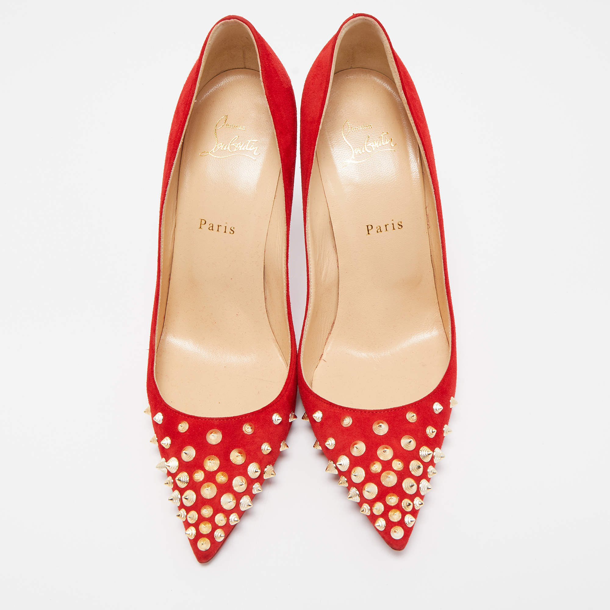 Christian Louboutin Spikyshell 100 Red Suede Golden Spike Heels 40