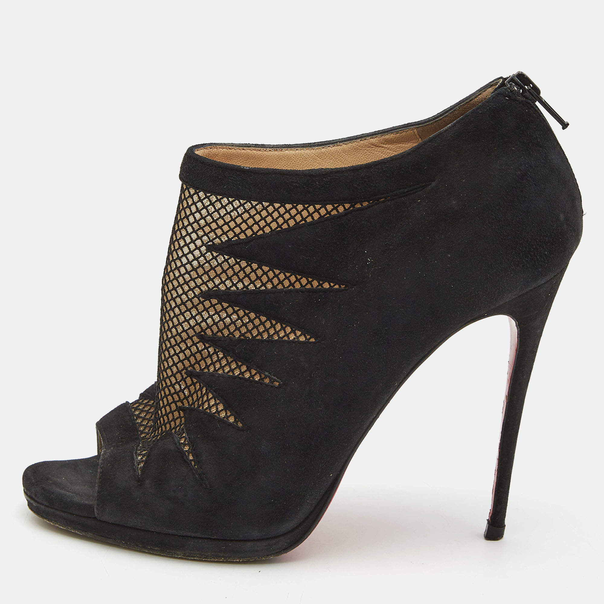 Pre Owned Christian Louboutin Black Suede and Mesh Disorder Ankle Booties Size 39.5