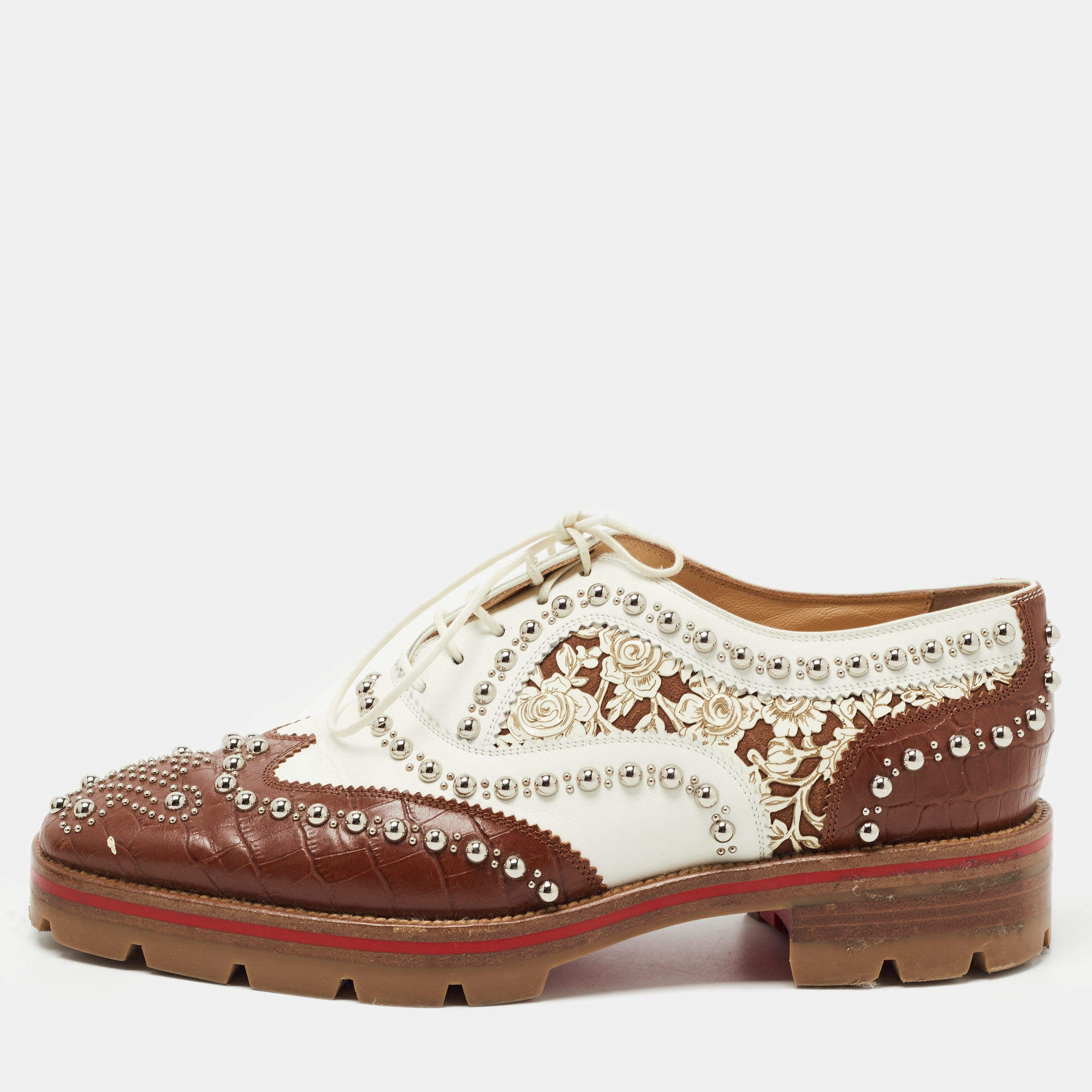 Pre Owned Christian Louboutin Brown/White Croc Embossed and Leather Cappadonna Oxfords Size 36