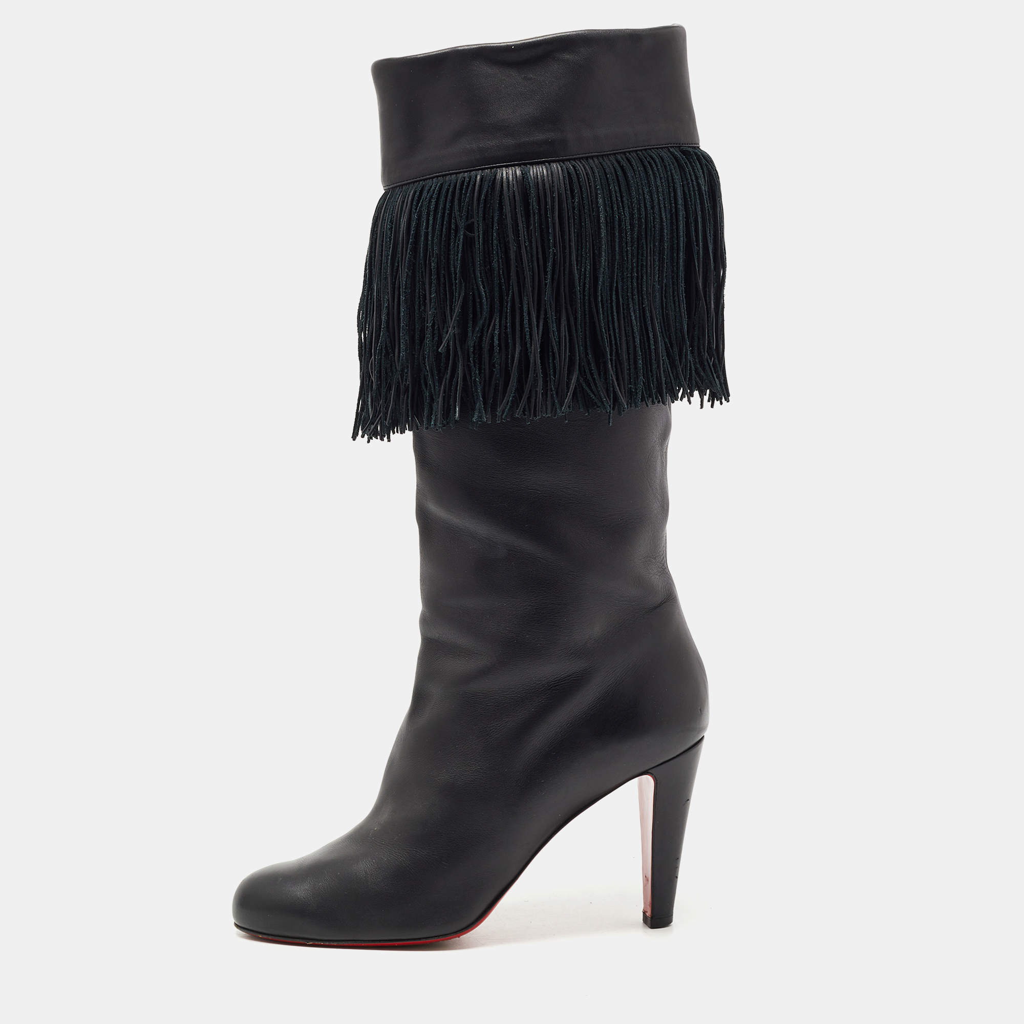 Pre Owned Christian Louboutin Black Leather Majung Mid Calf Boots Size 40