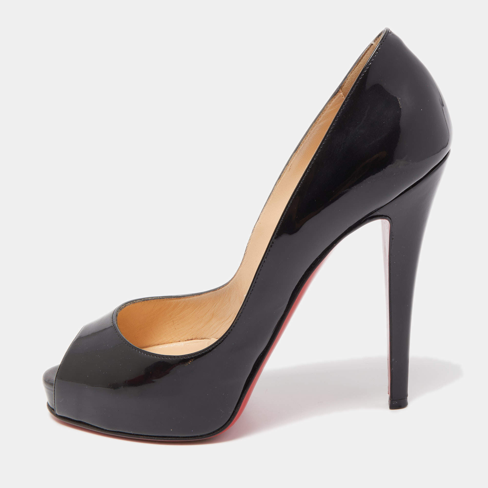 Pre Owned Christian Louboutin Black Patent Lady Peep Pumps Size 38