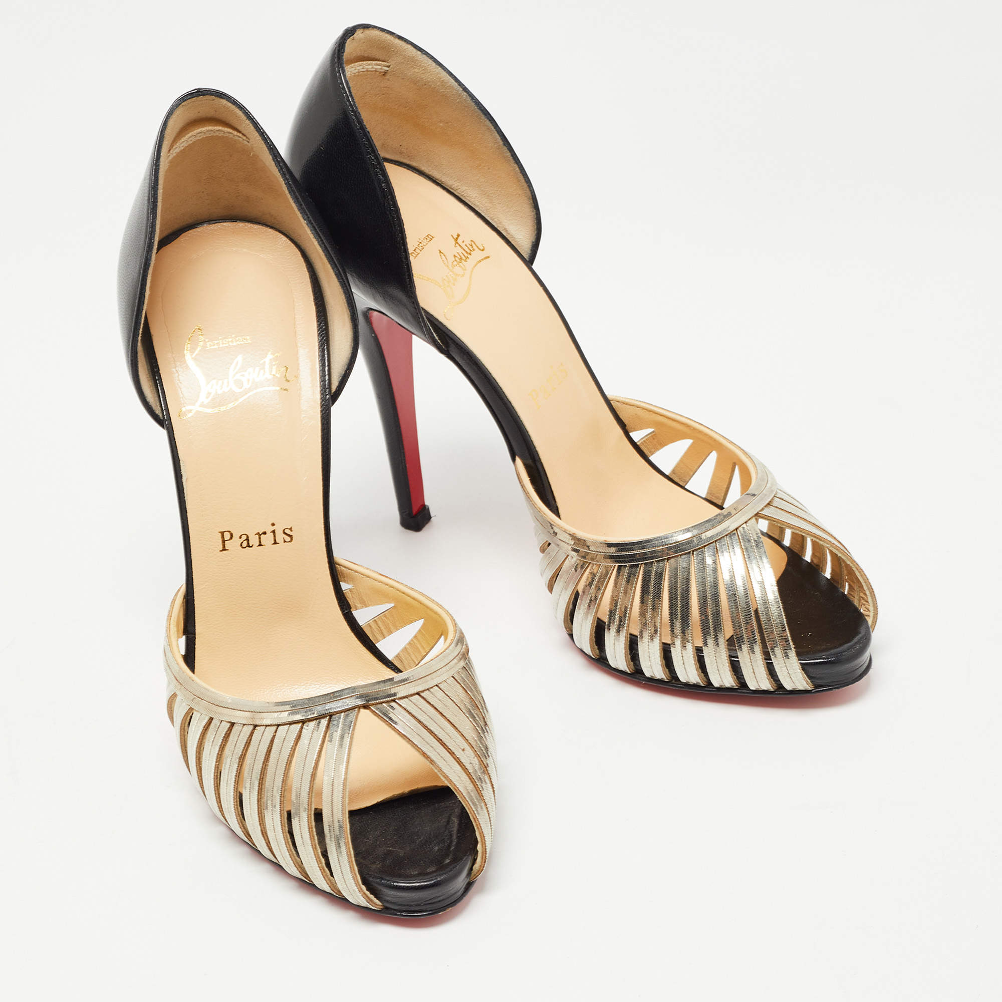 Christian Louboutin Black/Gold Leather and Metal Corpus Peep-Toe Pumps Size  37 For Sale at 1stDibs