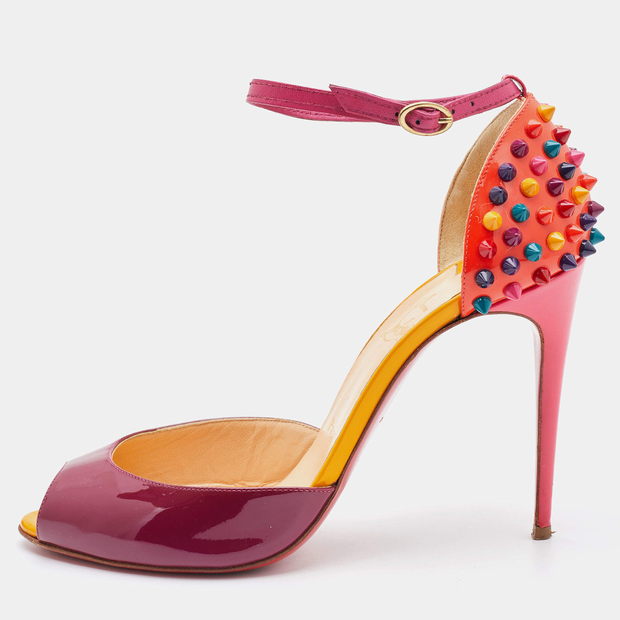Christian Louboutin Multicolor Patent Pina Spike Peep Toe Ankle Strap Sandals Size 39 Christian | TLC