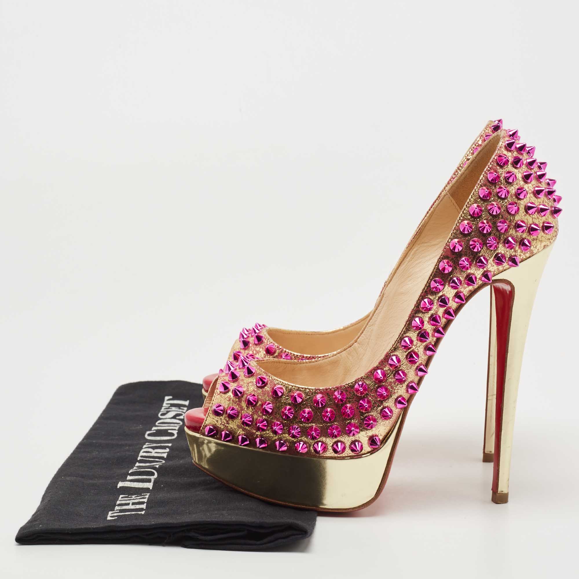 Christian Louboutin Metallic Gold/Pink Leather Lady Peep Toe Spike Platform  Pumps Size 36 Christian Louboutin